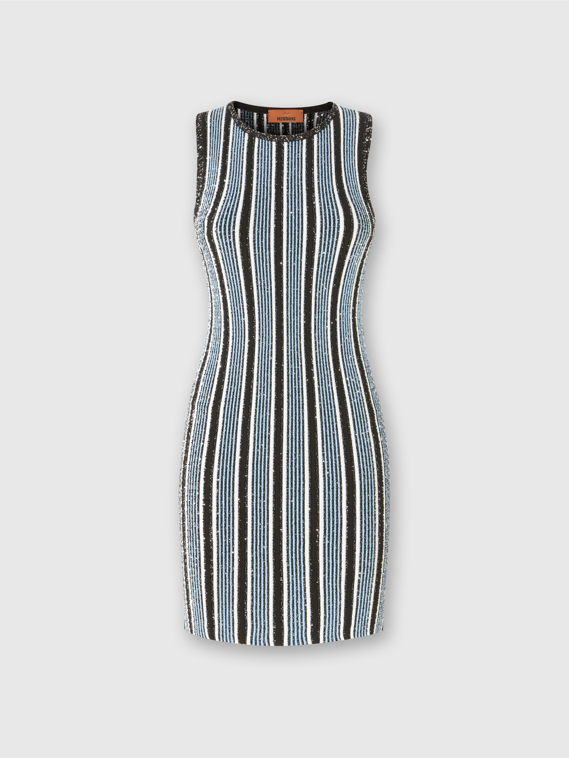 Ribbed striped mini-dress with sequins, Black & Light Blue - 0