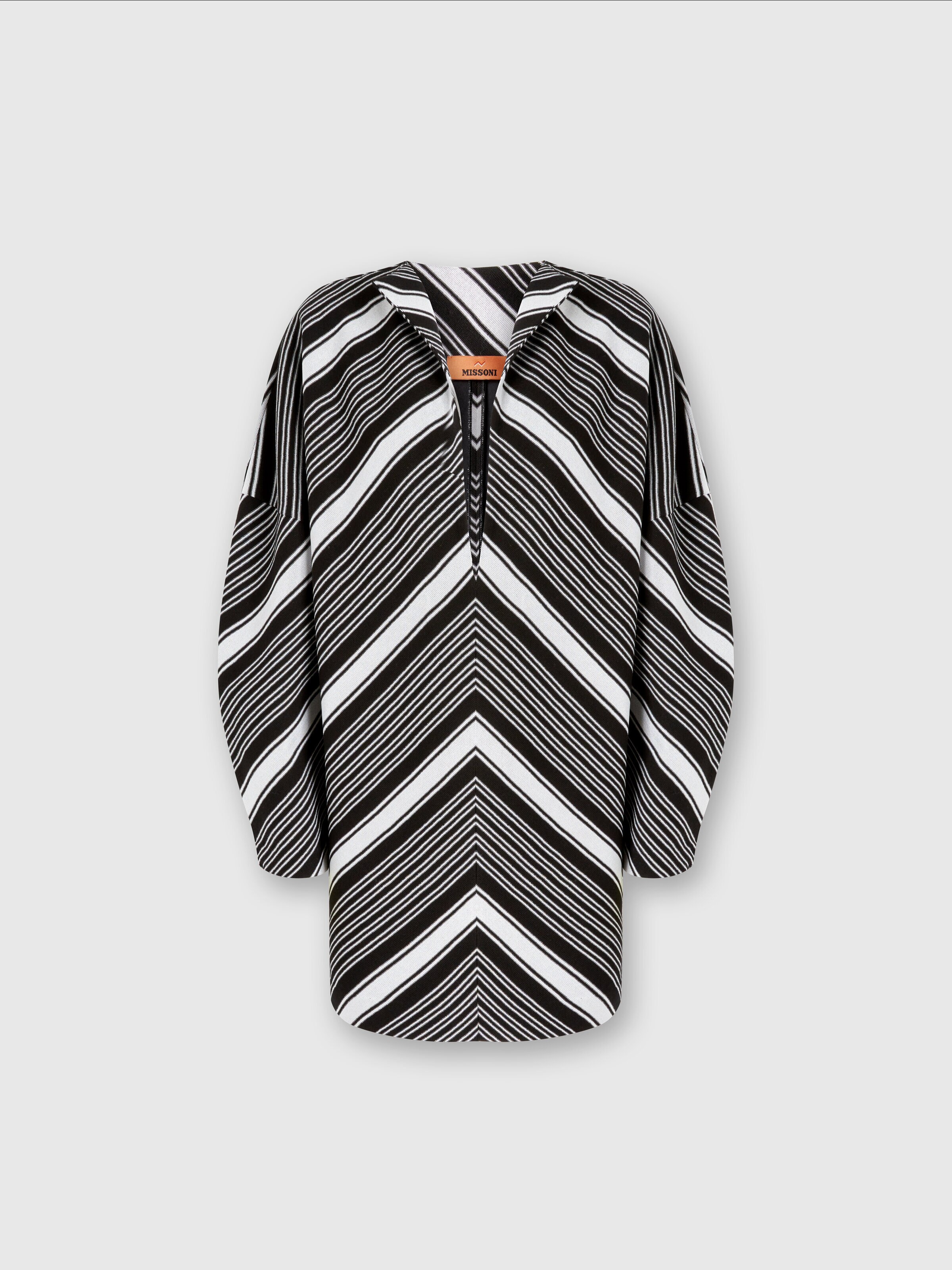 Mini-dress with oversized sleeves and plunging V-neckline, Black & White - 0