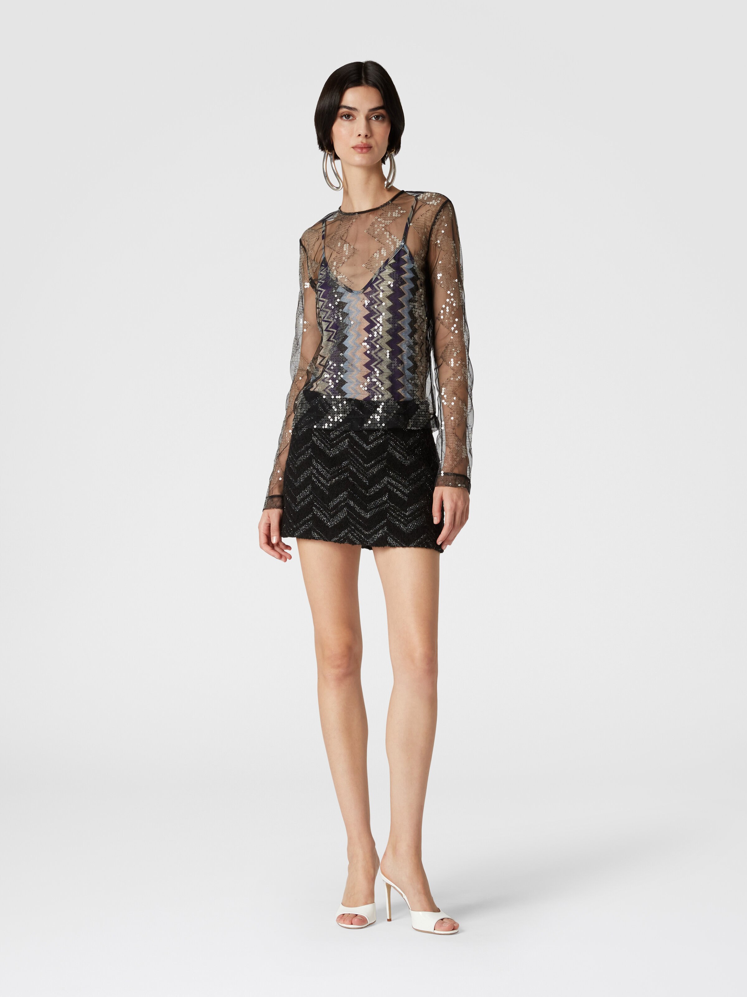 Bouclé mini skirt with lamé chevron motif, Black & Multicoloured  - 1