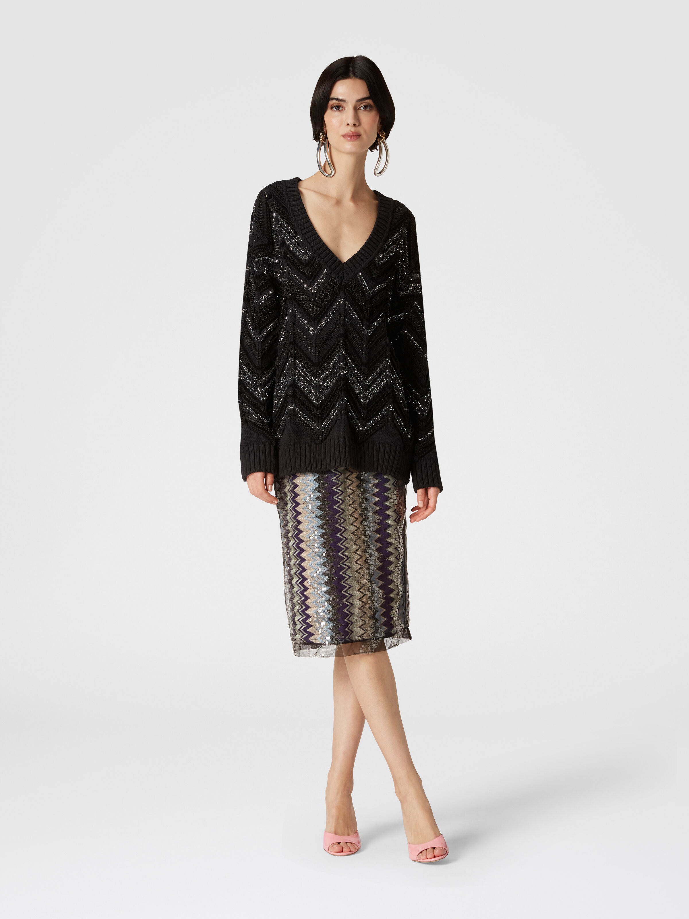 Falda midi de tubo de tul en zig zag con lentejuelas, Multicolor  - 1