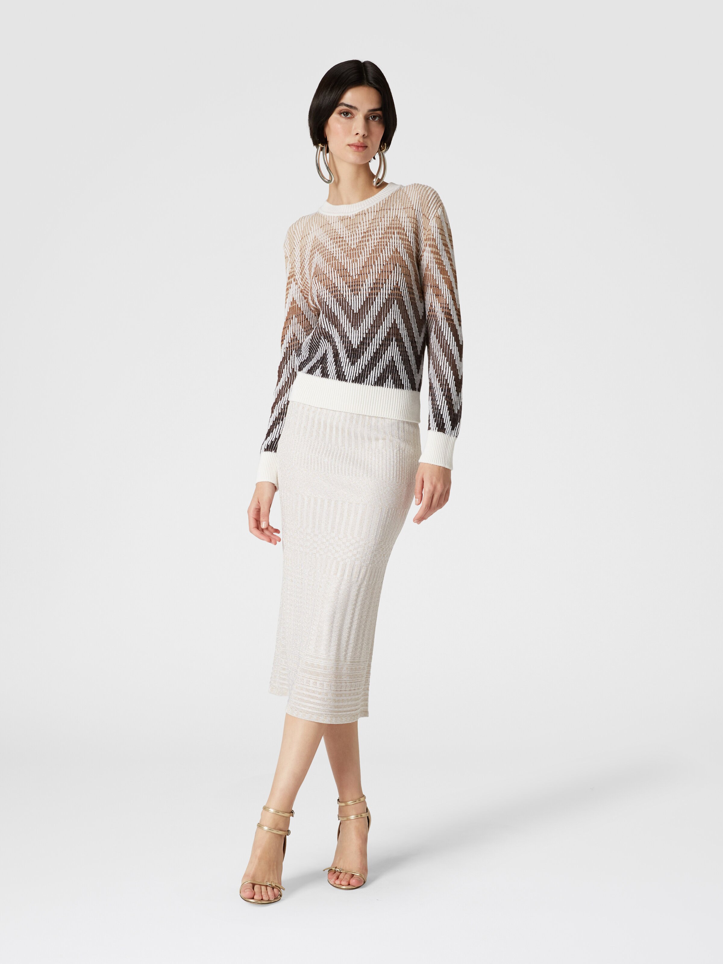 Multi-processed lamé viscose midi skirt, White & Gold - 1