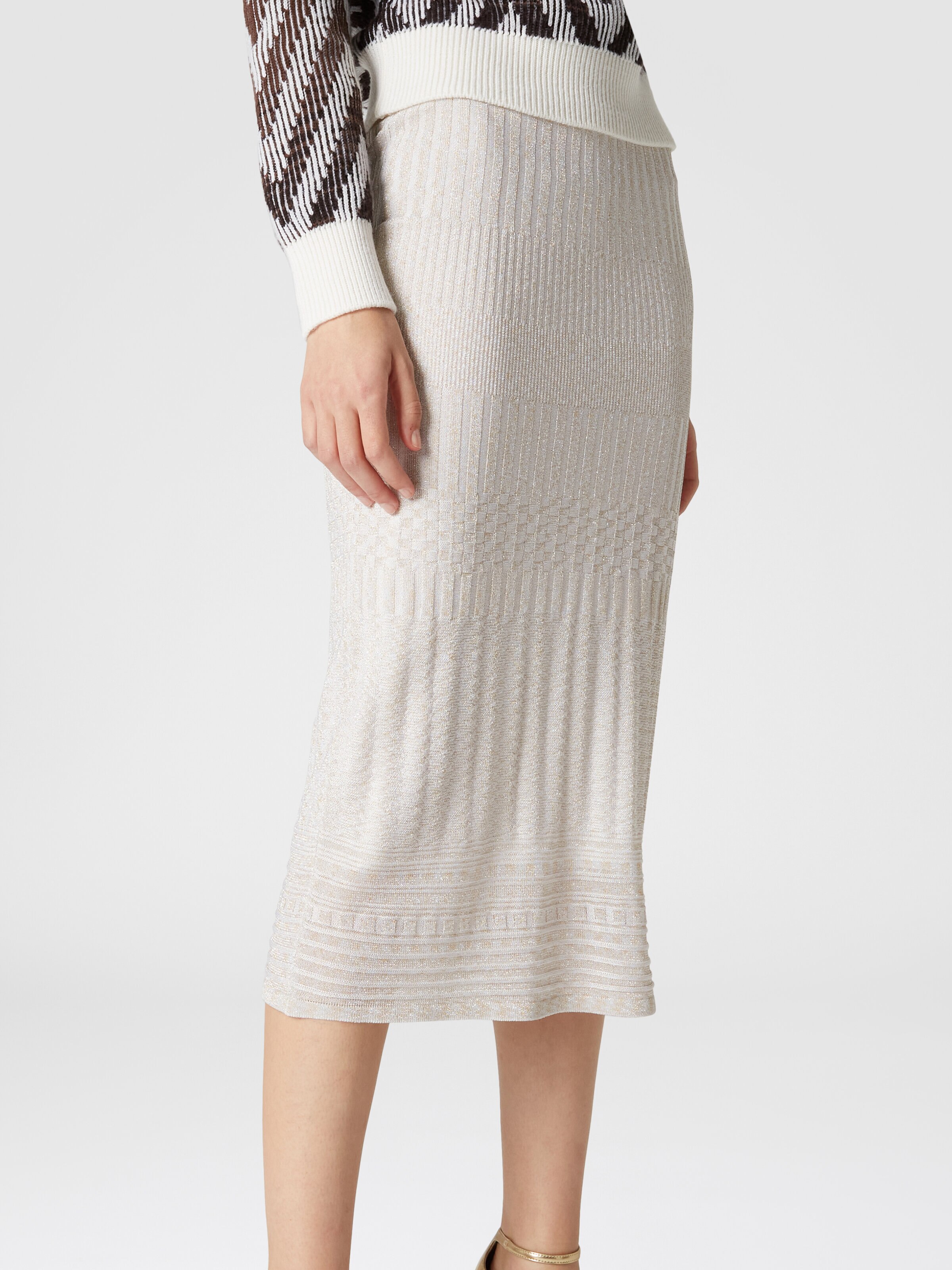 Multi-processed lamé viscose midi skirt, White & Gold - 4