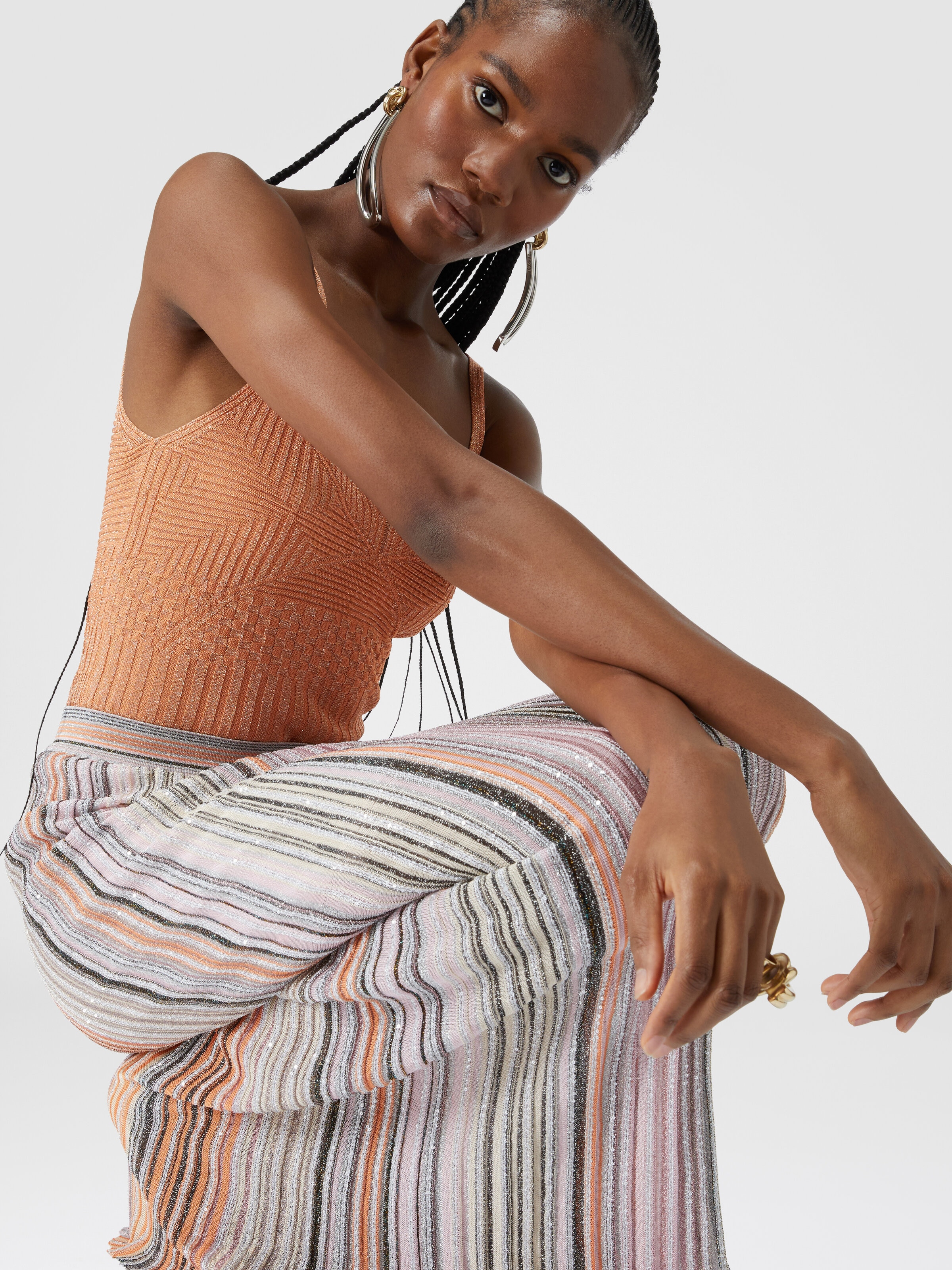 Long ribbed parted skirt with sequins, Multicoloured  - 3