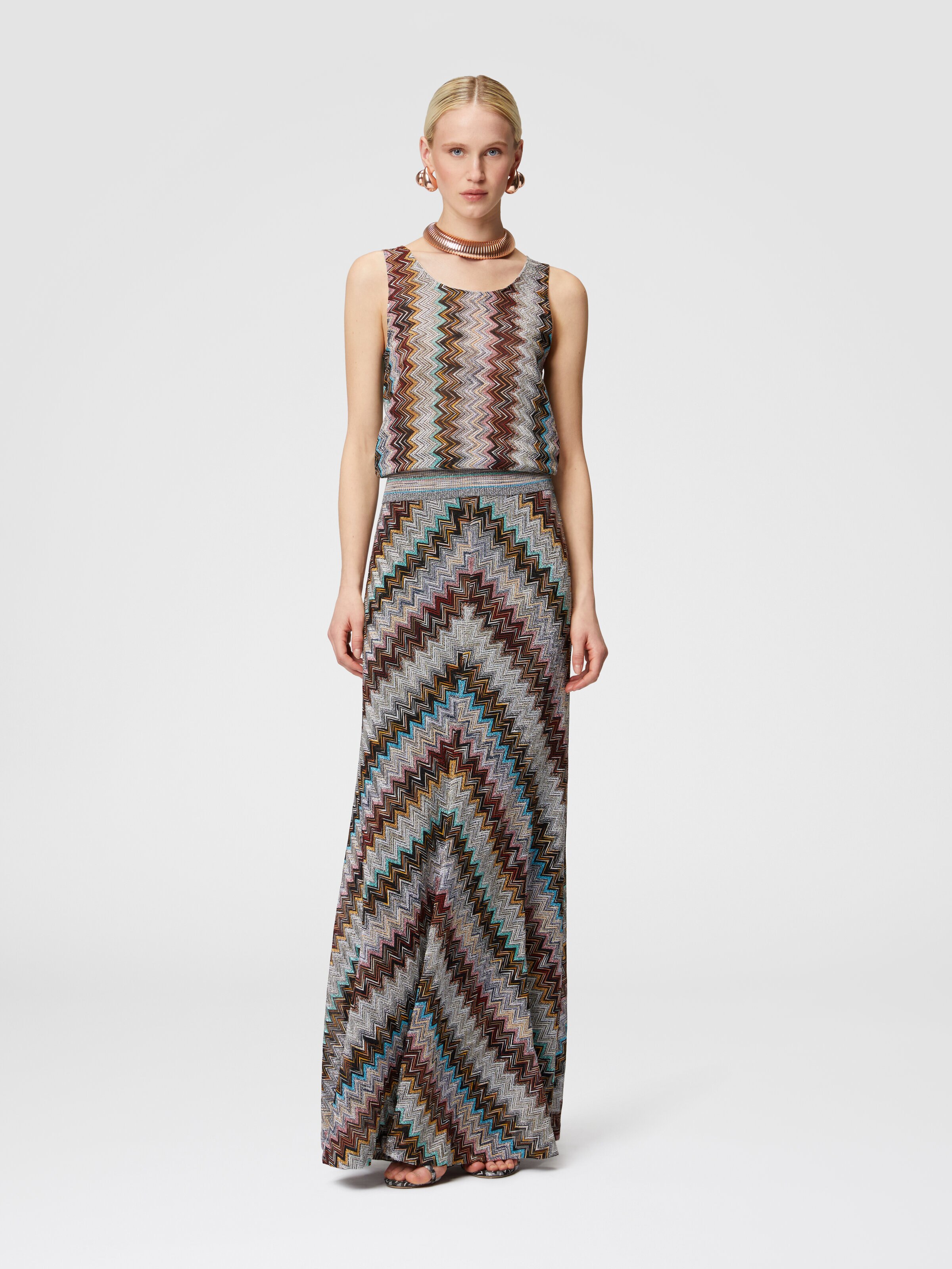 Jupe longue évasée à motif zigzag flammé lamé, Multicolore  - 1