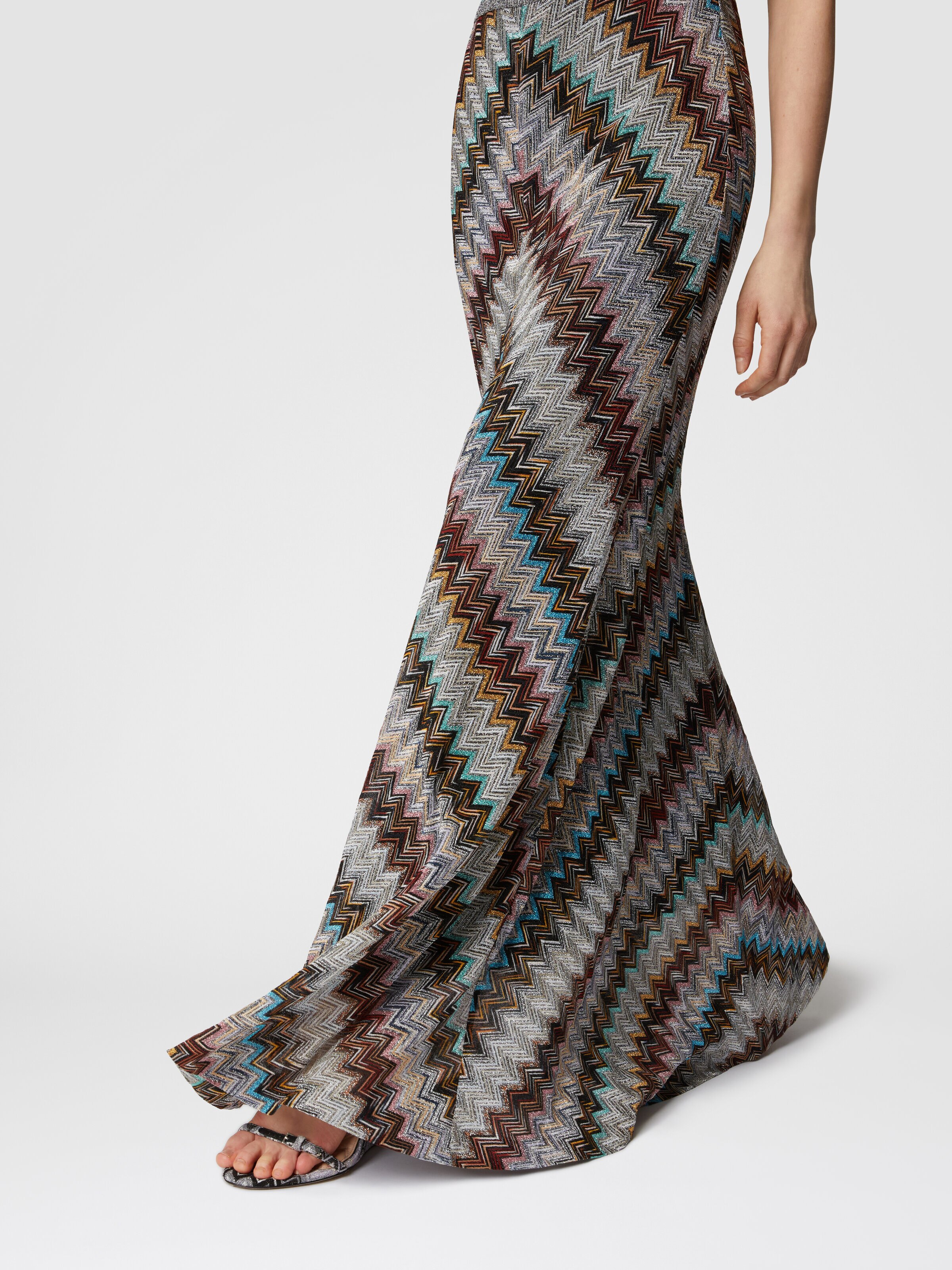 Jupe longue évasée à motif zigzag flammé lamé, Multicolore  - 4