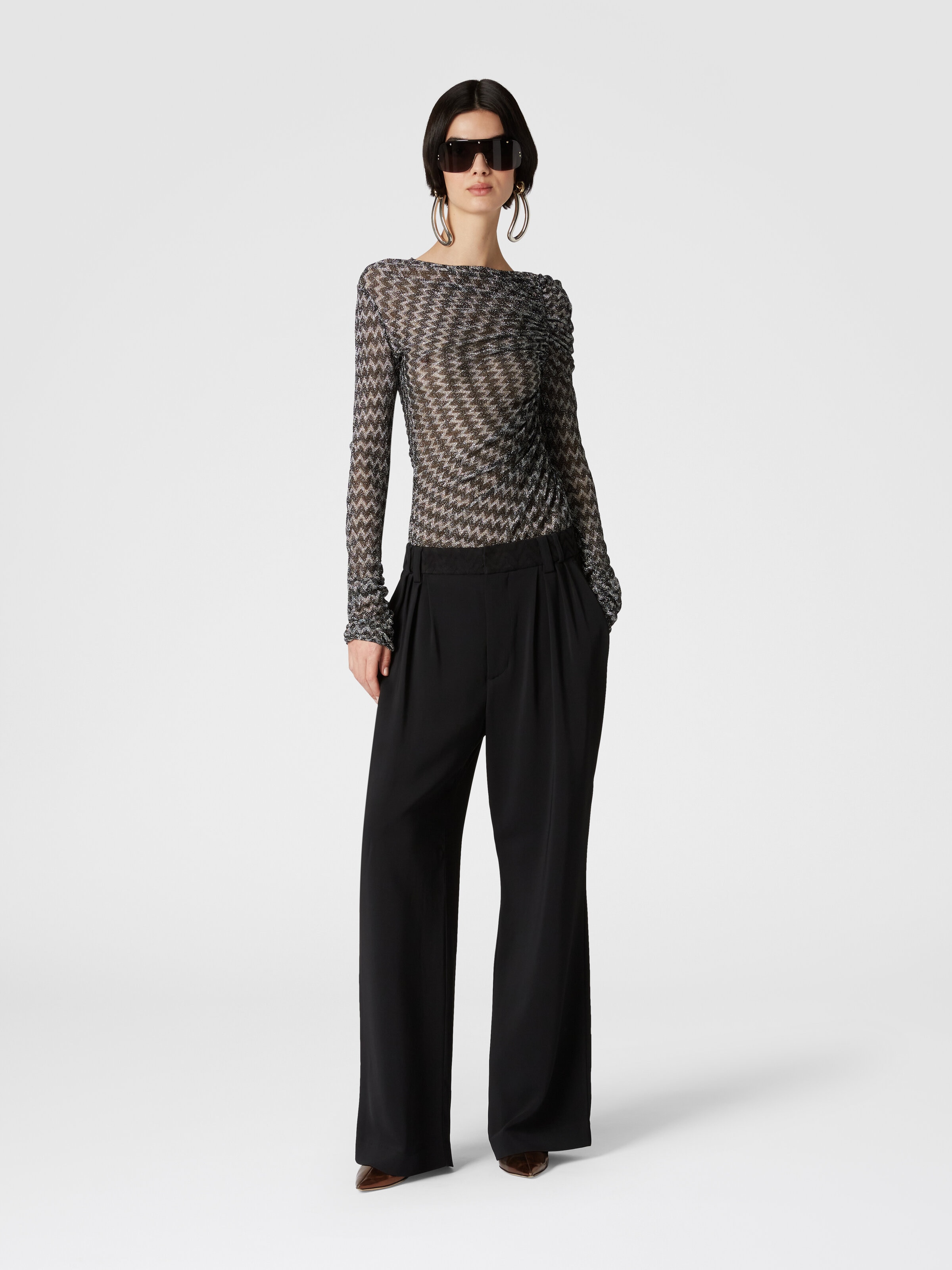 Classic viscose trousers with chevron insert, Black    - 1