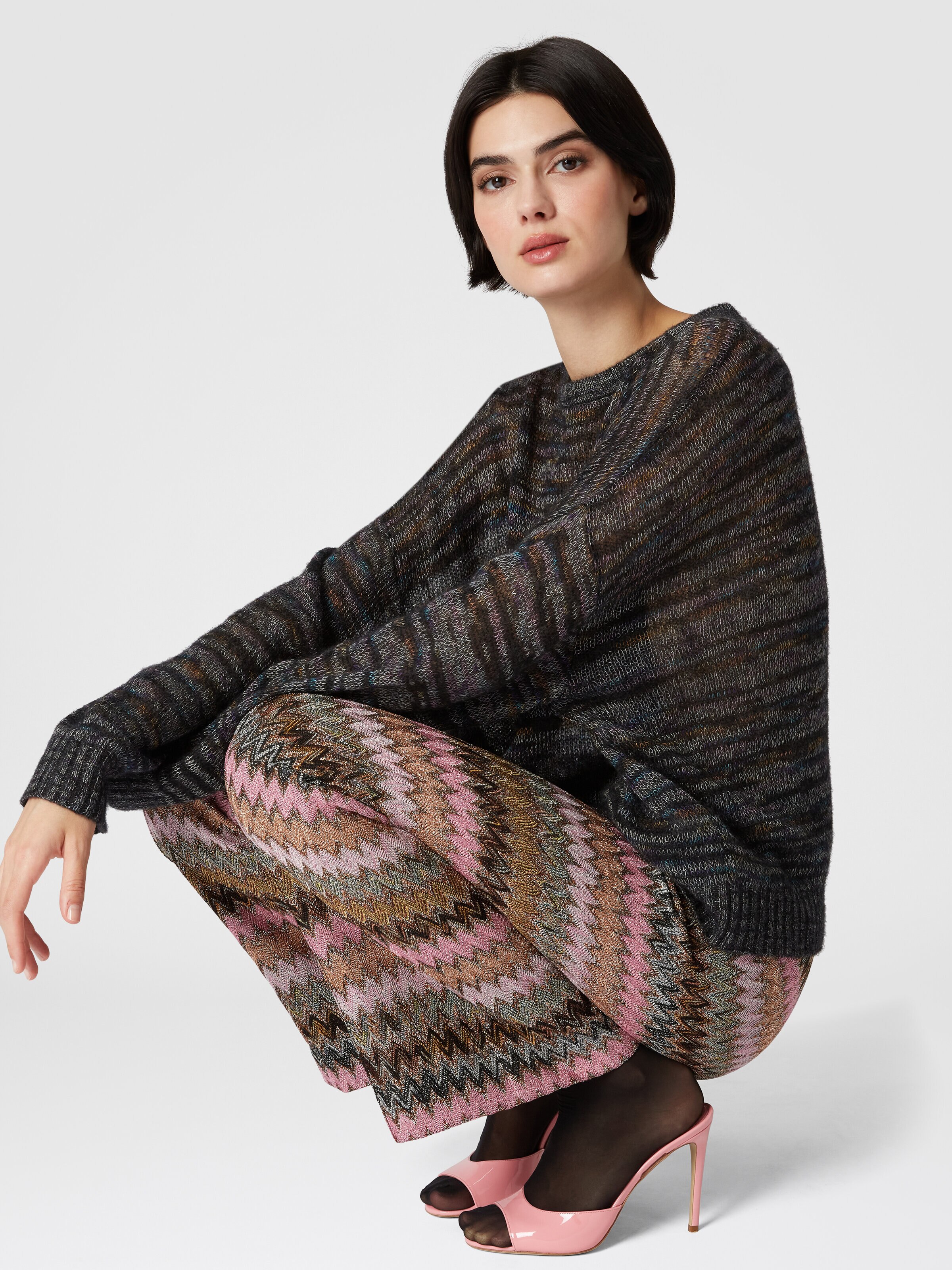 Zigzag lamé viscose blend cropped trousers, Multicoloured  - 3