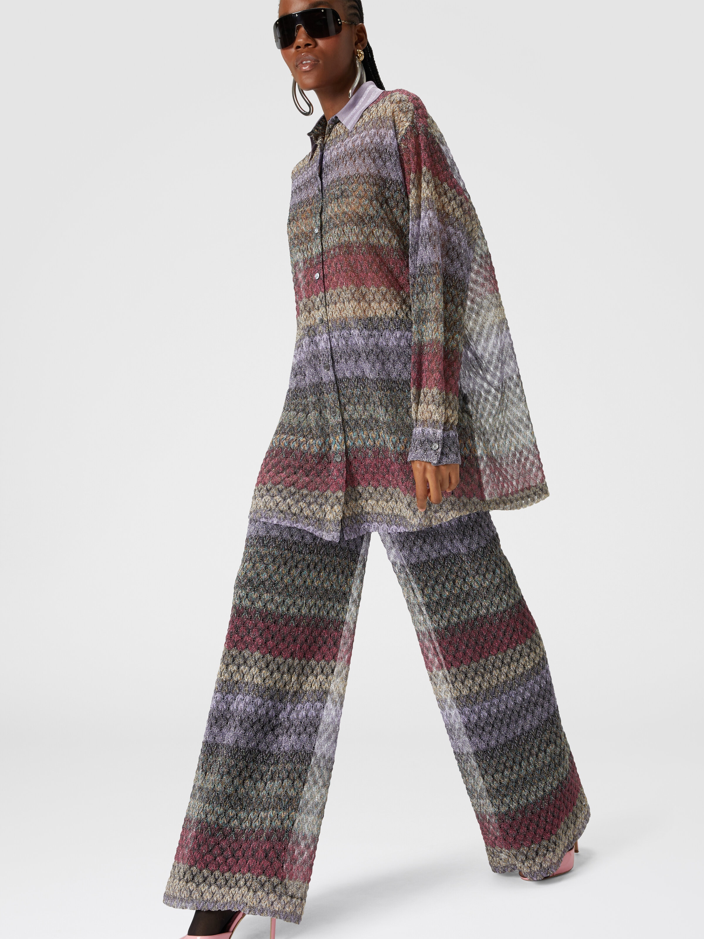 Pantalón palazzo con motivo de encaje lamé, Multicolor  - 3