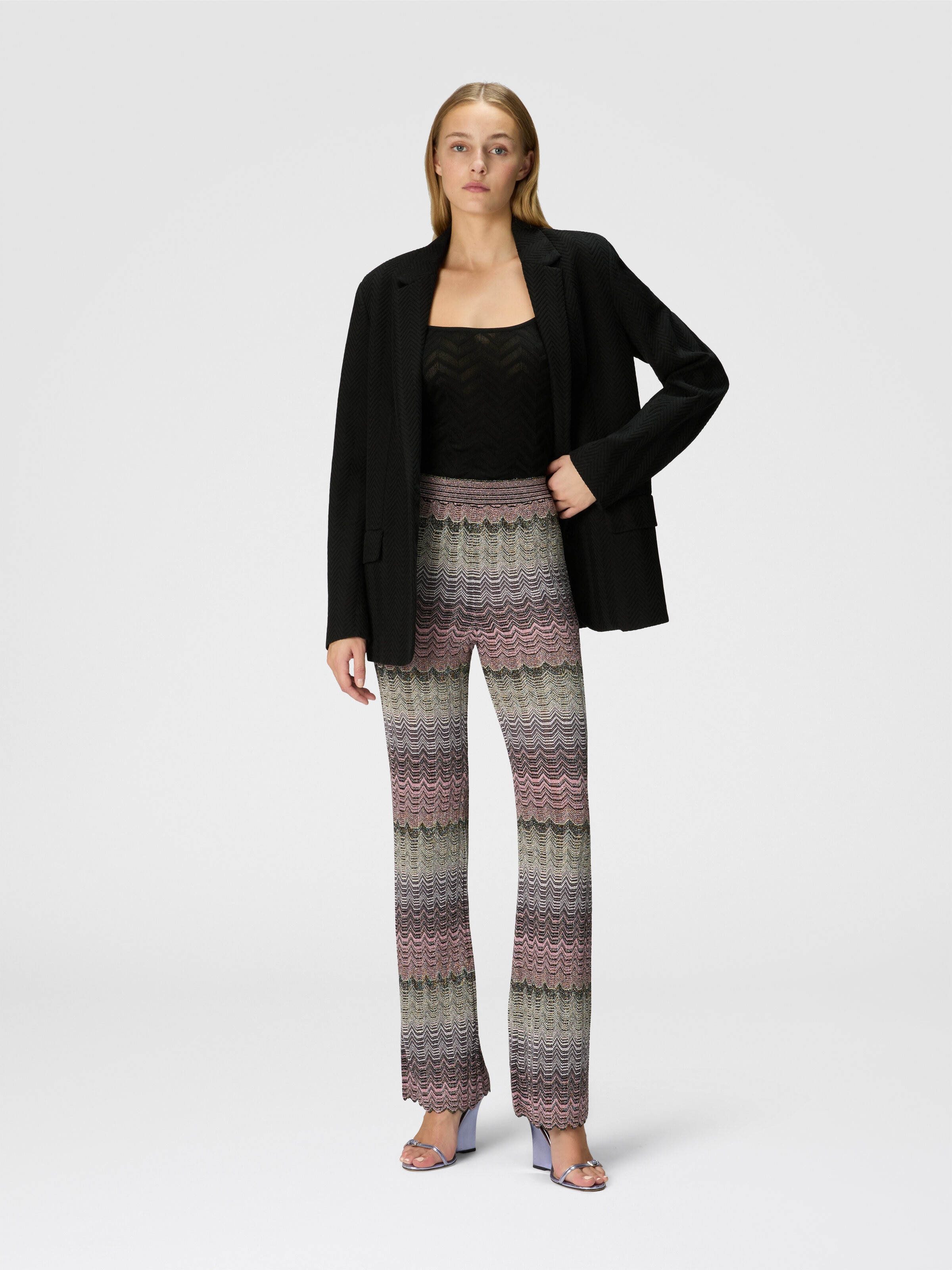 Pantalón recto con lamé en zigzag con estampado de reflejos, Multicolor  - 1