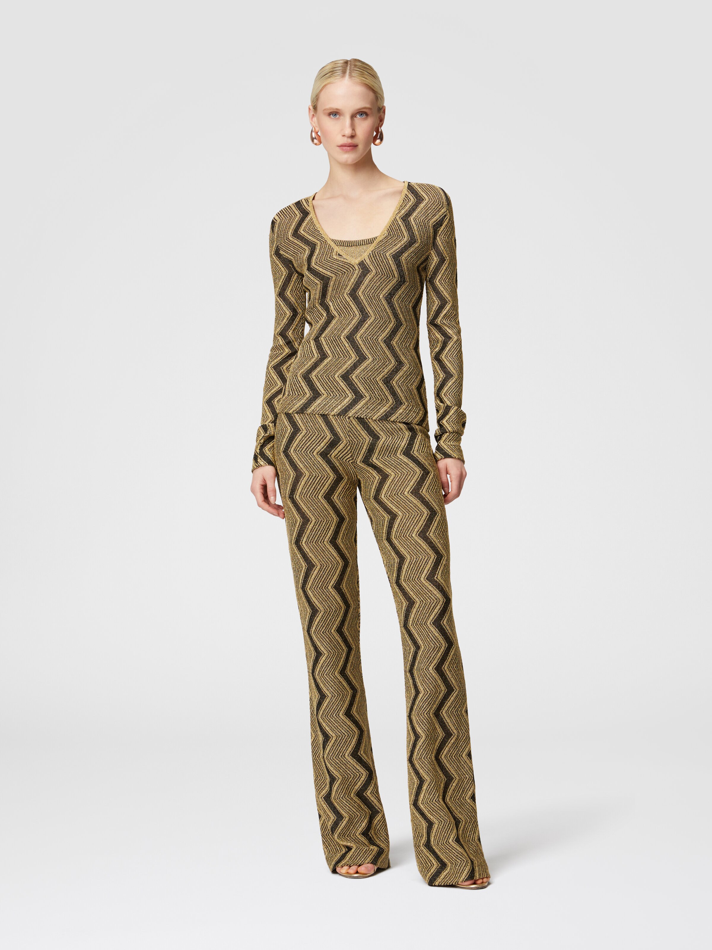 Flare trousers in zig zag lamé viscose, Black & Gold - 1