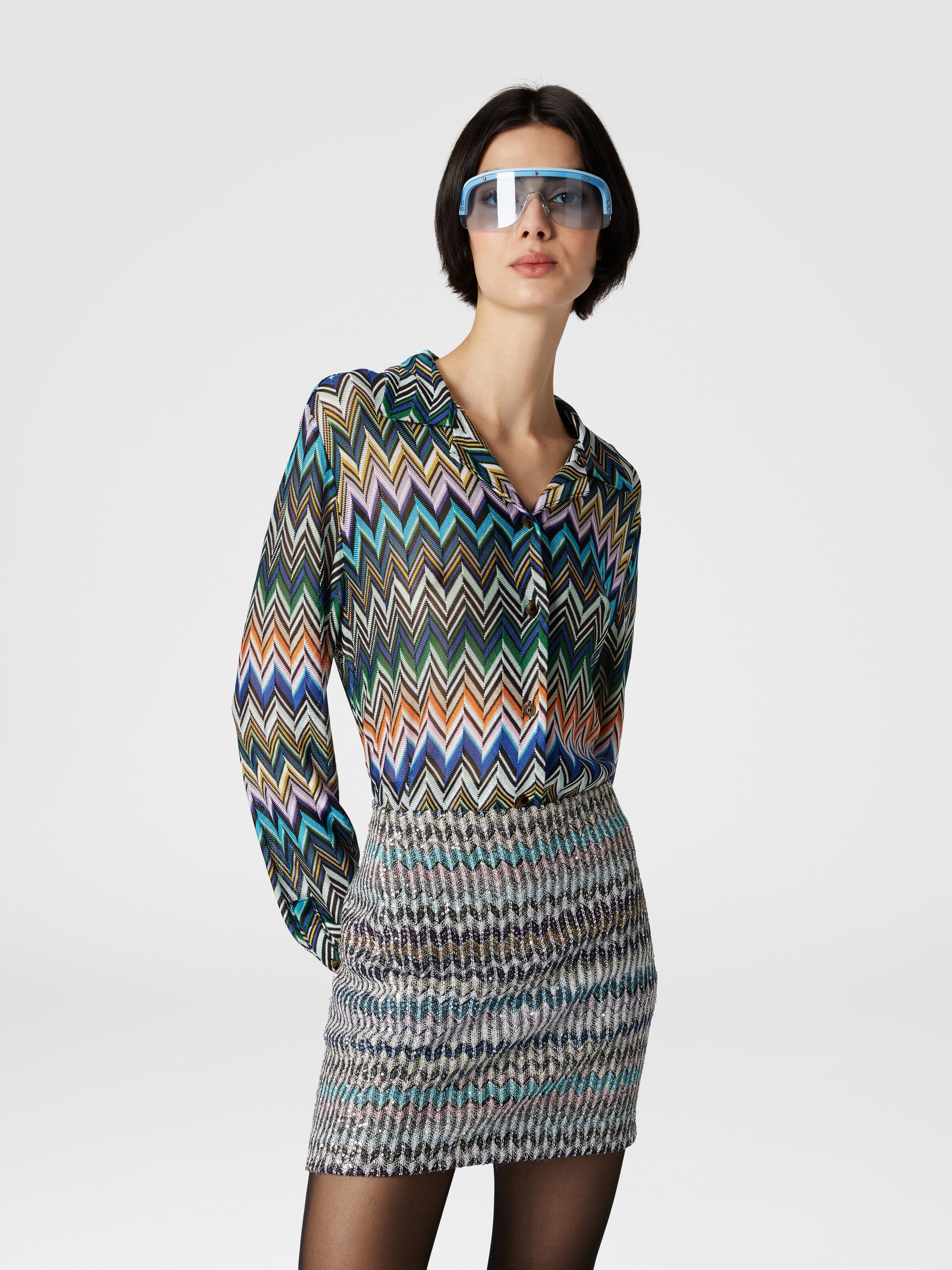 Bowling-cut shirt in zig zag viscose, Blue & Multicoloured  - 3