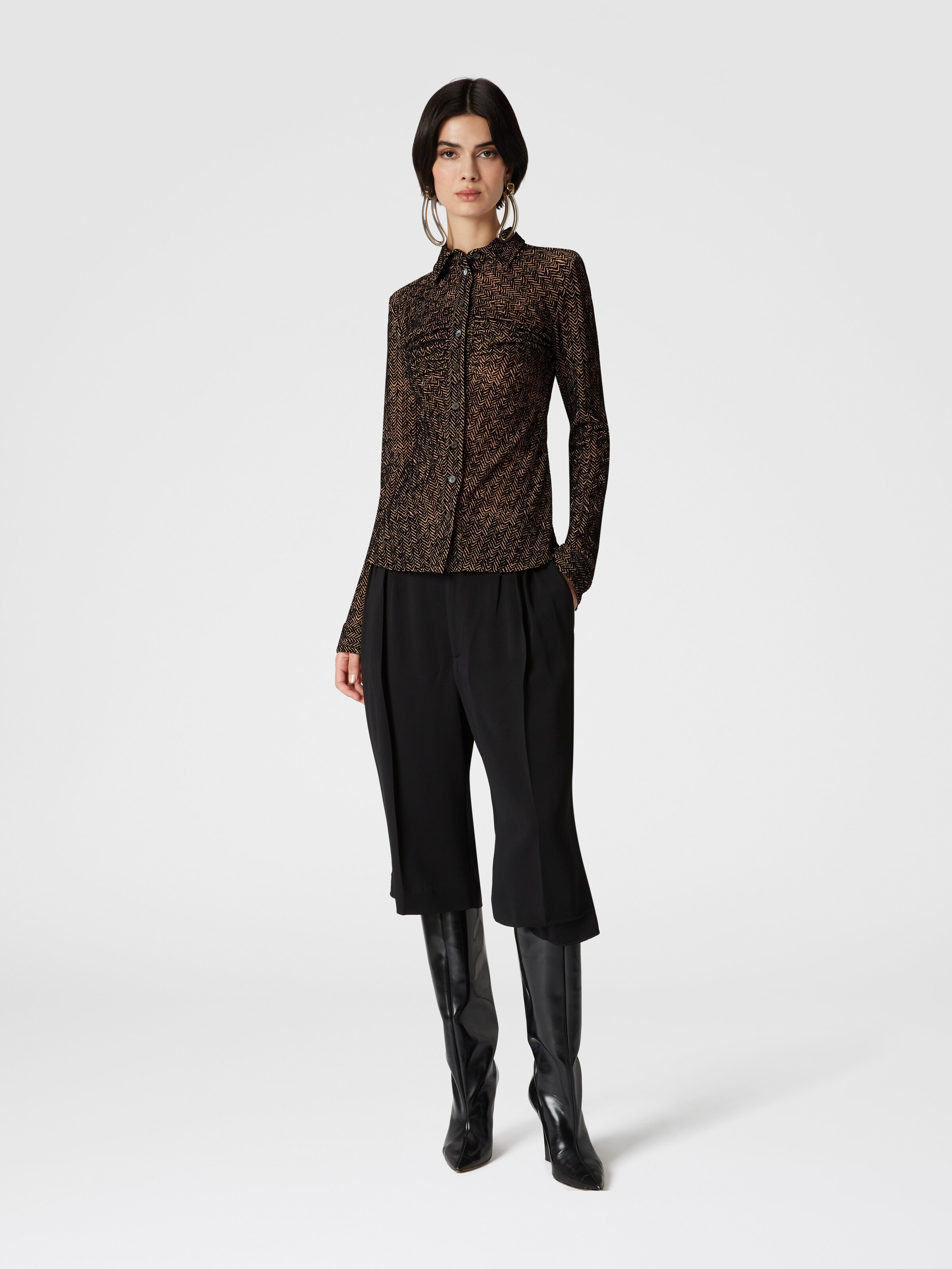 Zig zag tulle shirt with gathering, Brown - 1