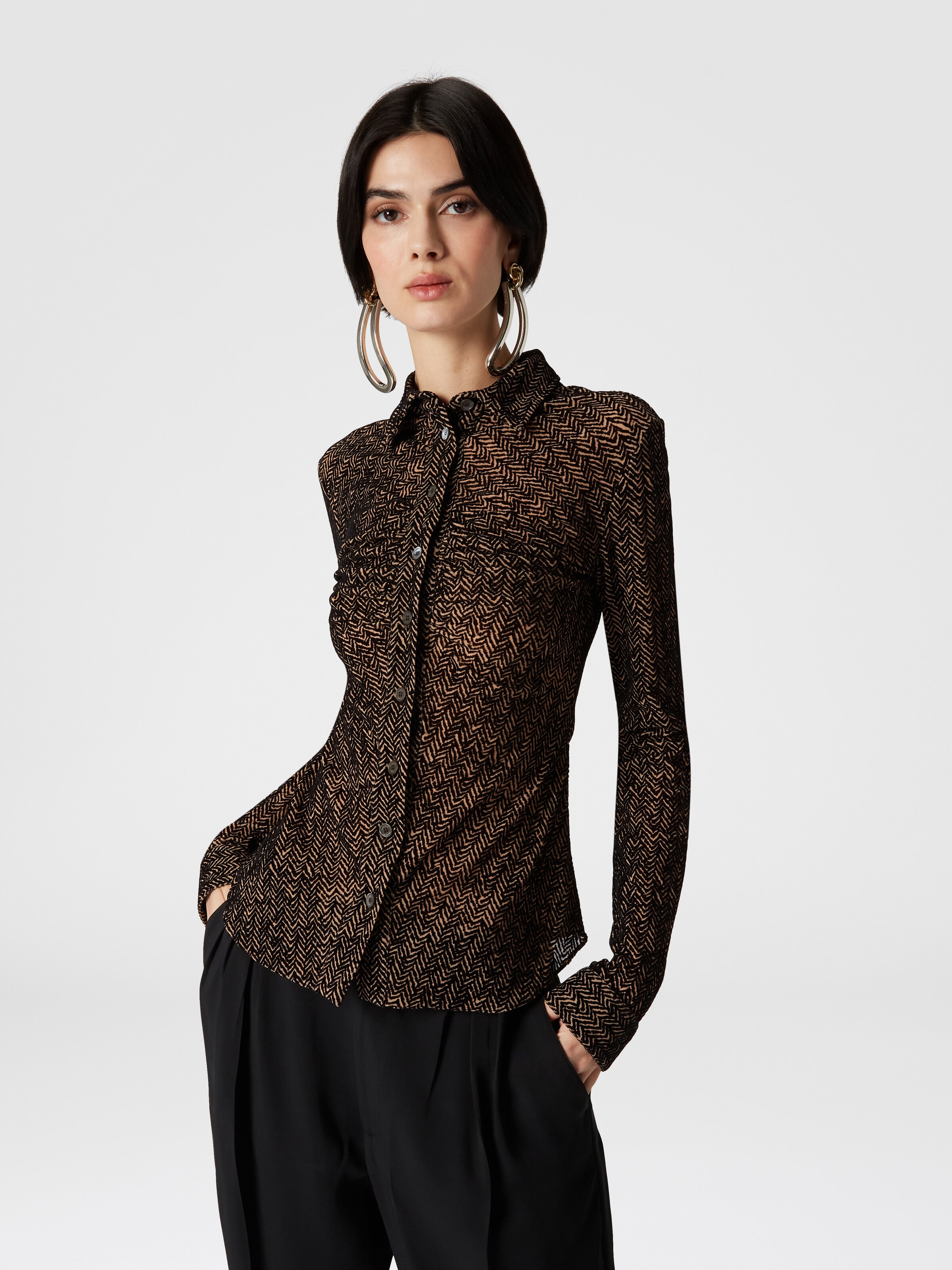 Zig zag tulle shirt with gathering, Brown - 3