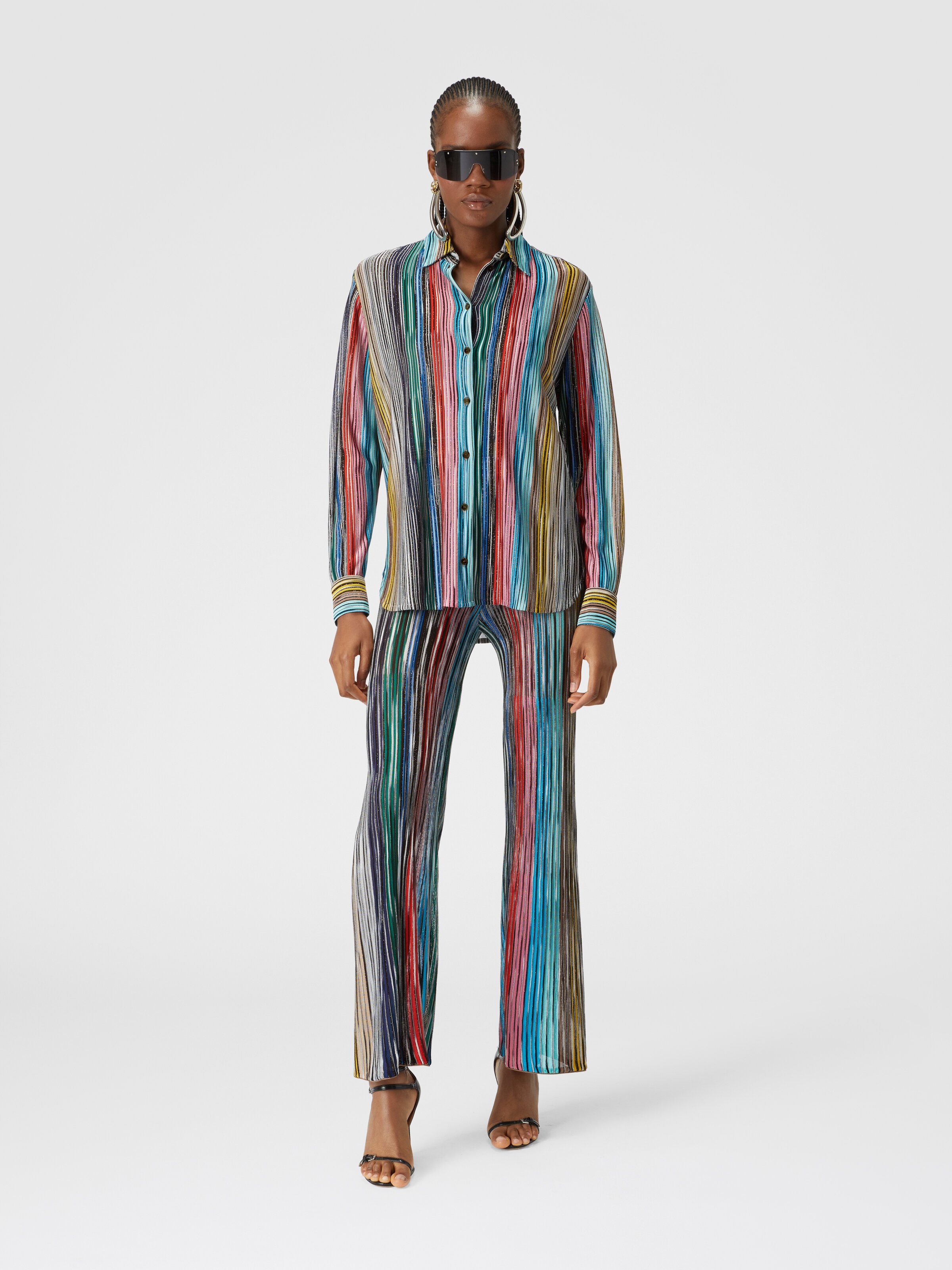 Lamé slub ribbed knit shirt, Multicoloured  - 1