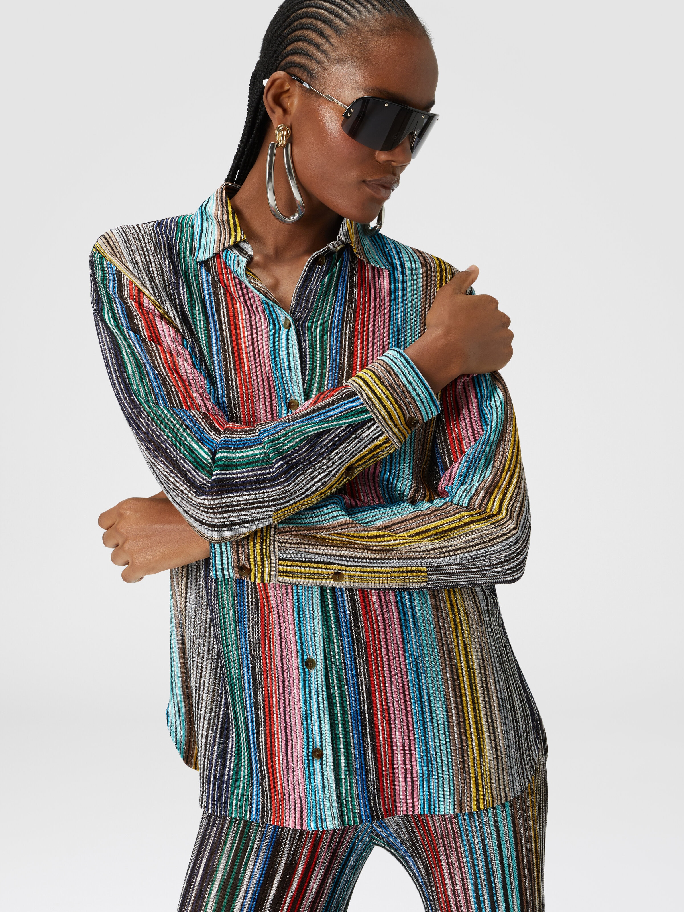 Lamé slub ribbed knit shirt, Multicoloured  - 3