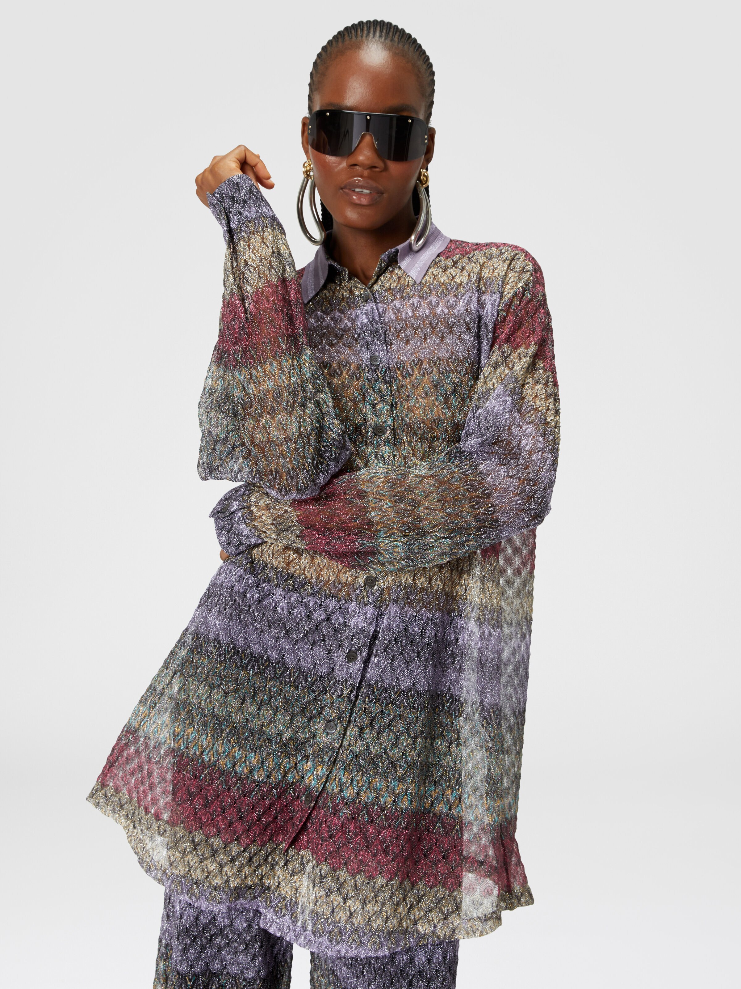 Oversized shirt with lamé lace pattern, Multicoloured  - 3