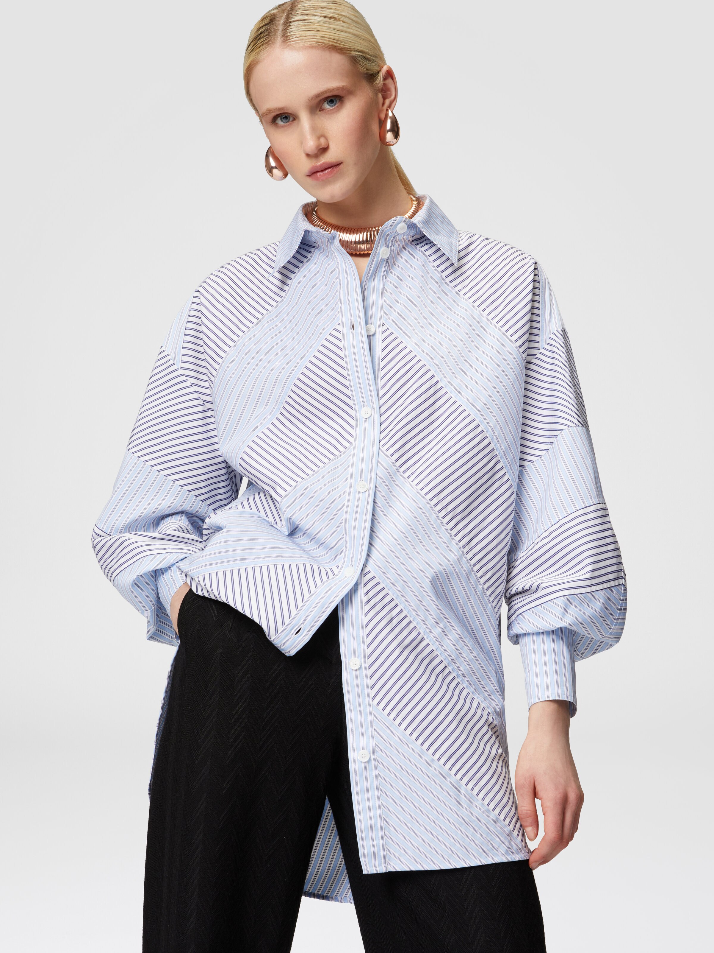 Camisa de popelina de algodón a rayas con mangas anchas, Azul Oscuro - 3