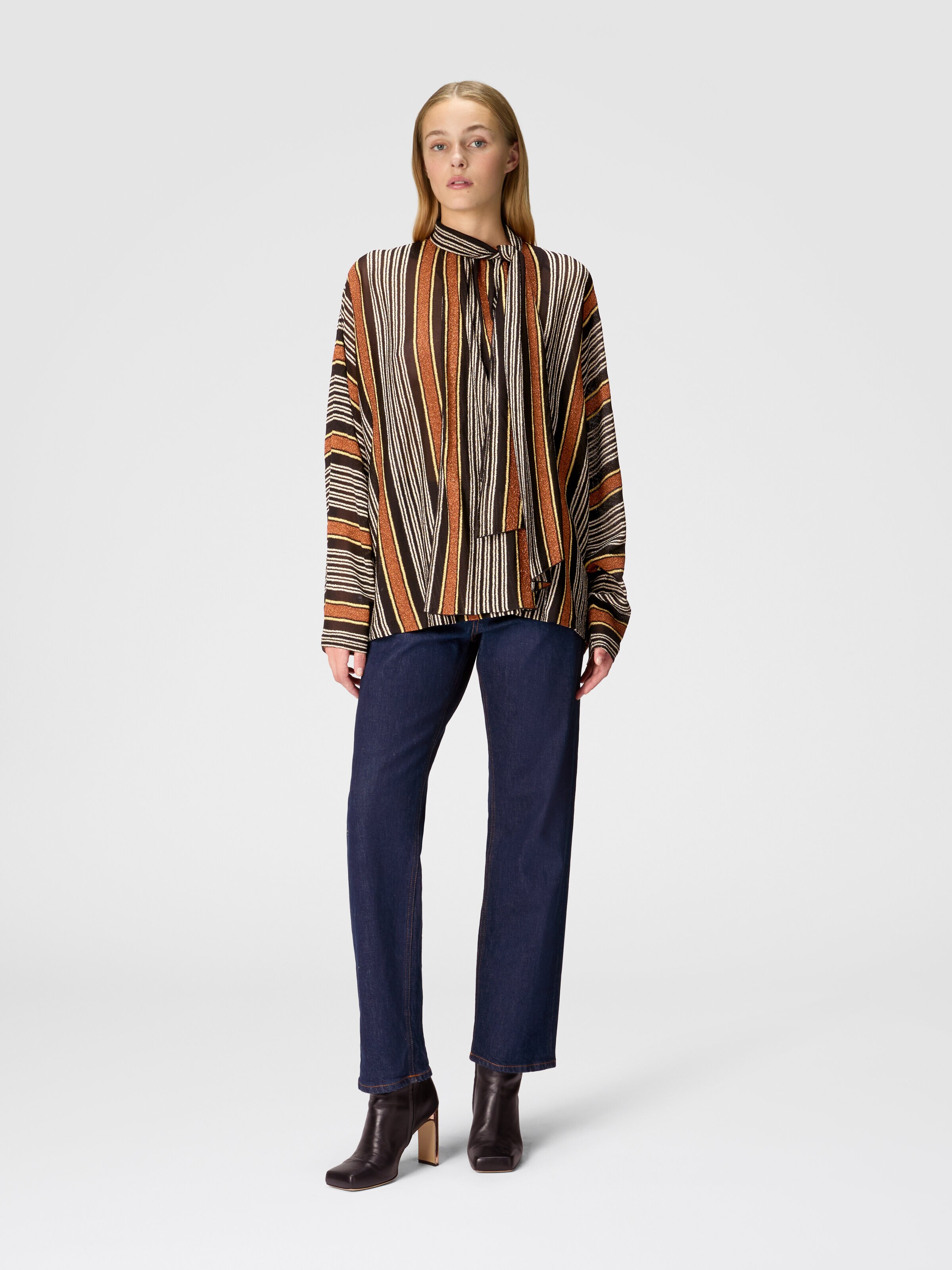 Blouse with scarf collar in lamé striped viscose, Multicoloured  - 1