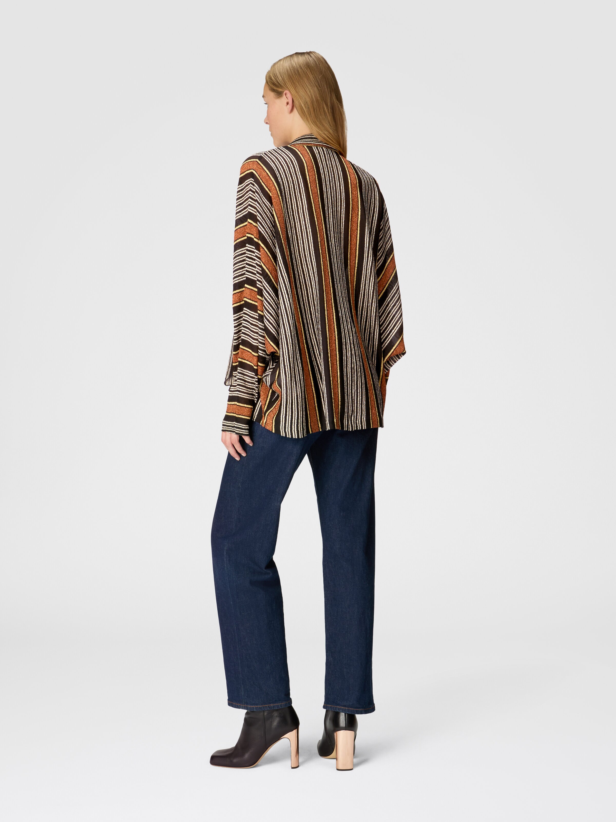 Blouse with scarf collar in lamé striped viscose, Multicoloured  - 2