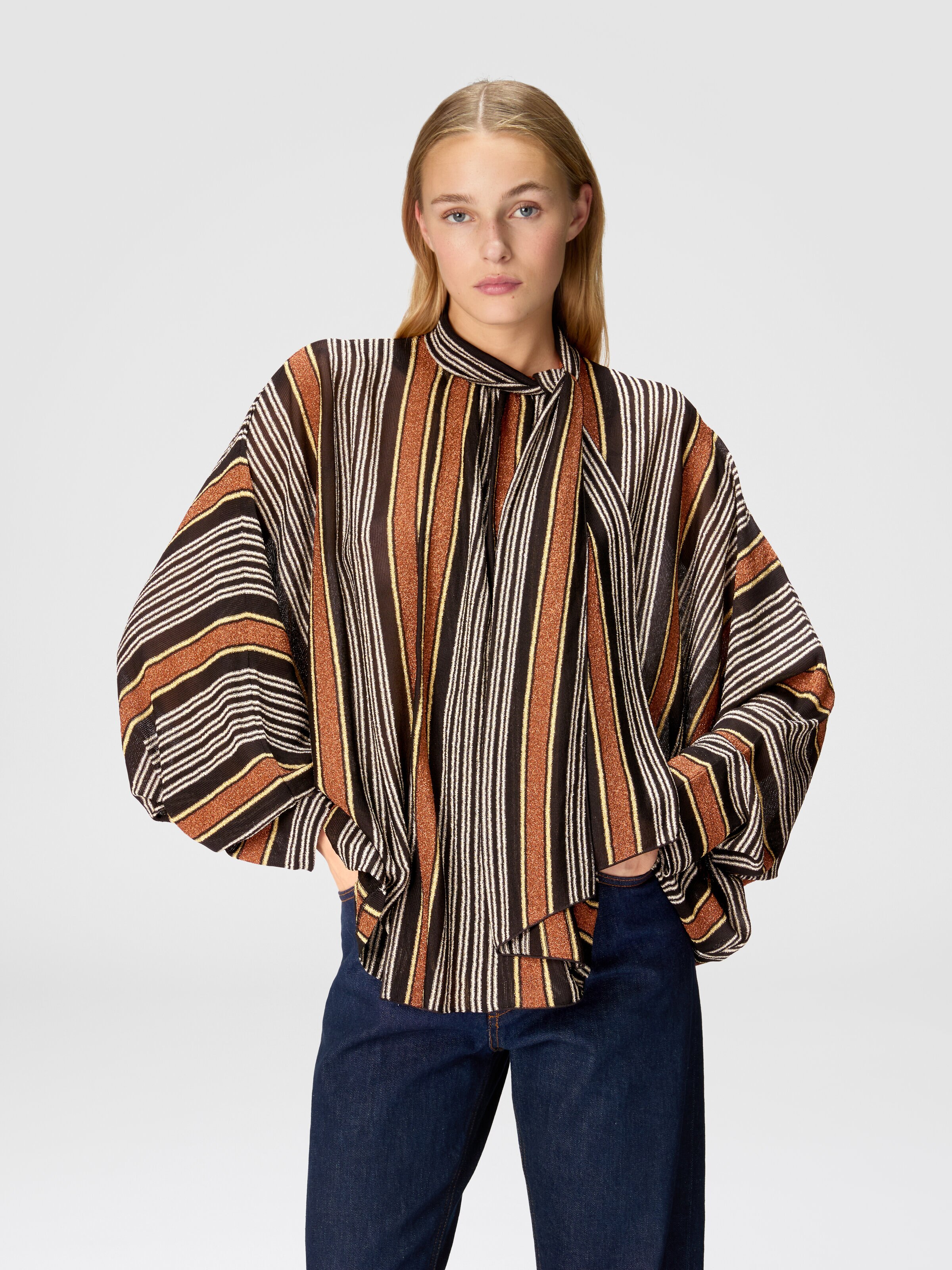 Blouse with scarf collar in lamé striped viscose, Multicoloured  - 3