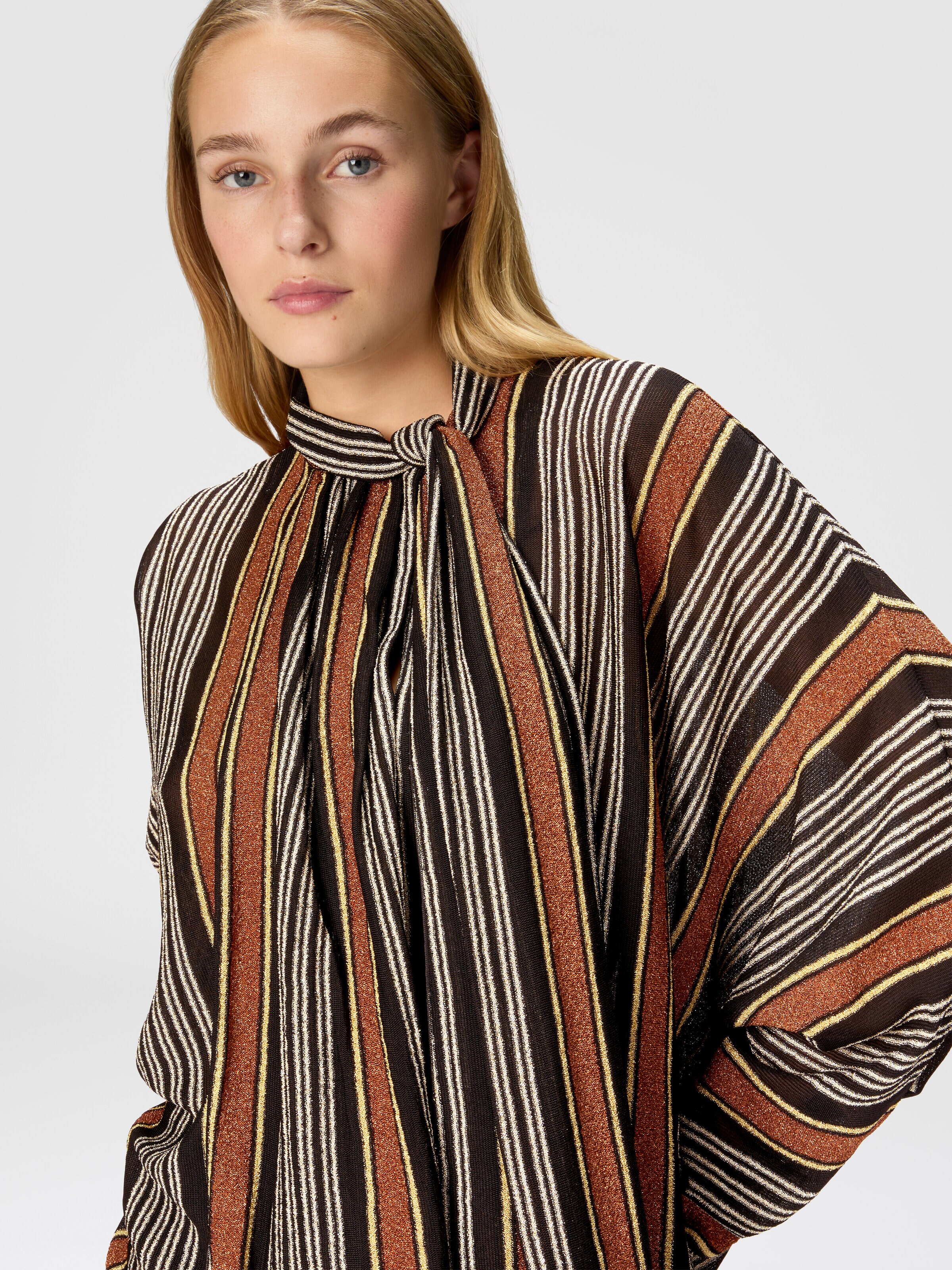 Blouse with scarf collar in lamé striped viscose, Multicoloured  - 4
