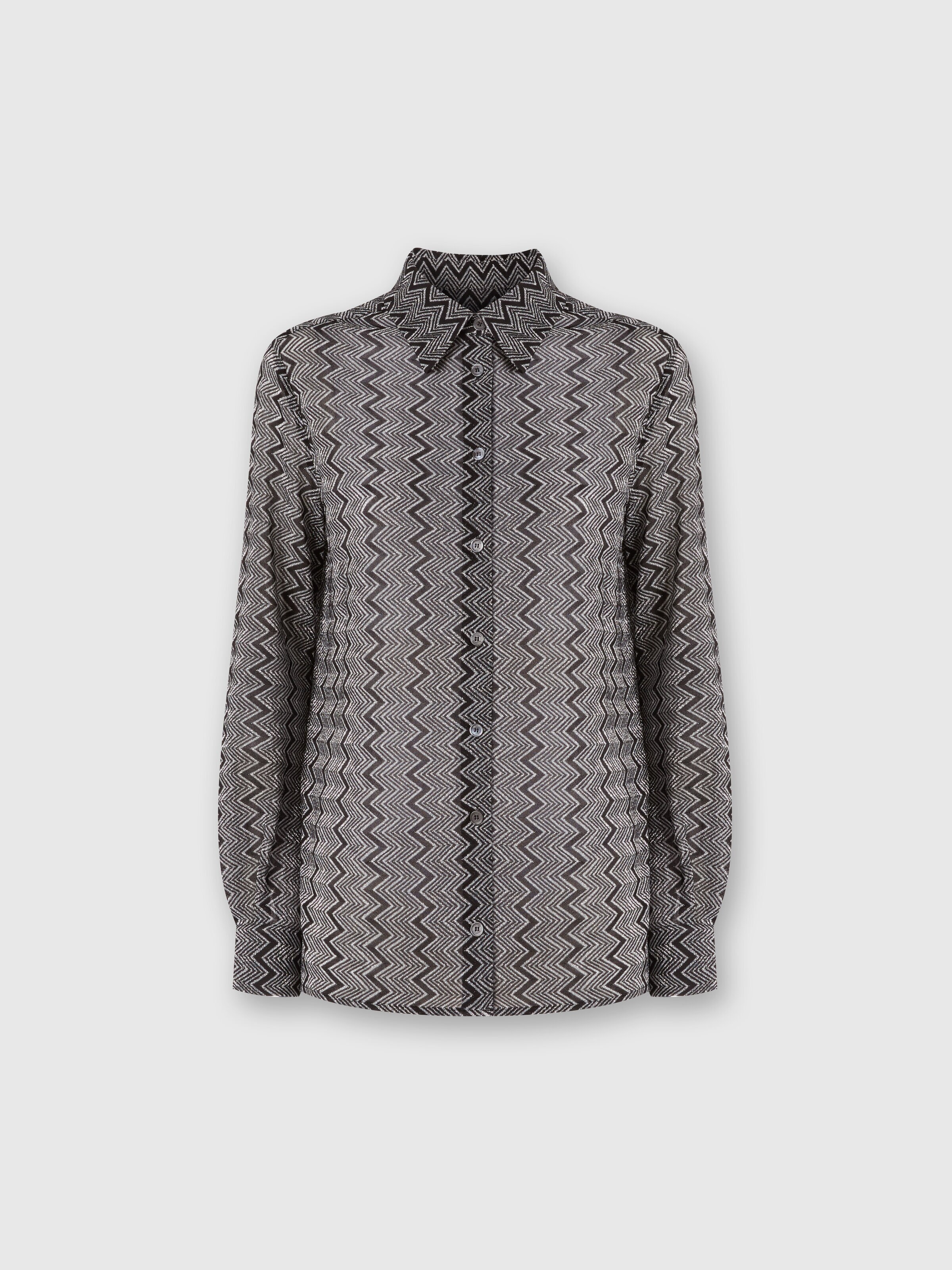 Camisa con estampado de lamé en zig zag, Negro & Plateado - 0