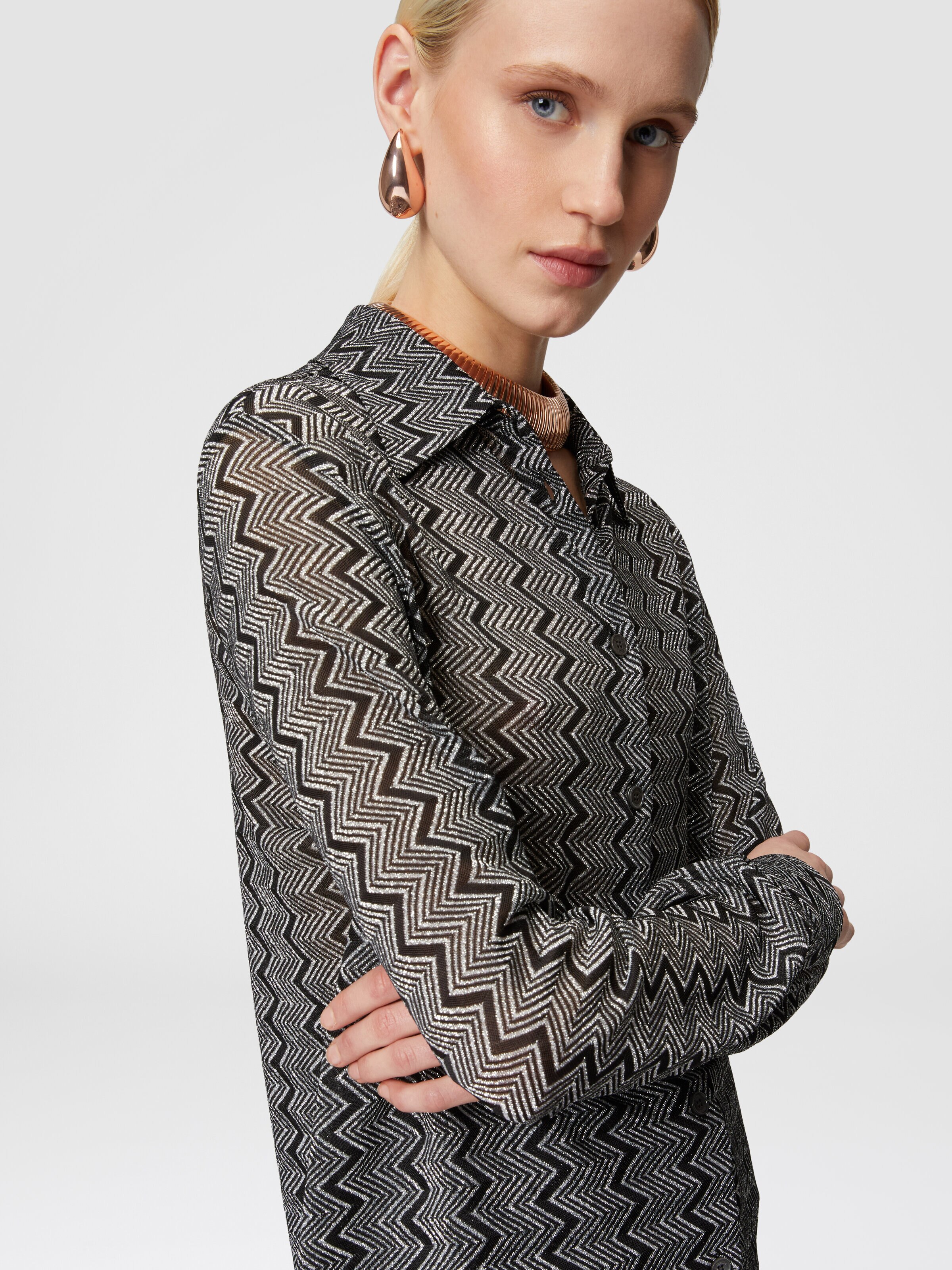 Camisa con estampado de lamé en zig zag, Negro & Plateado - 3