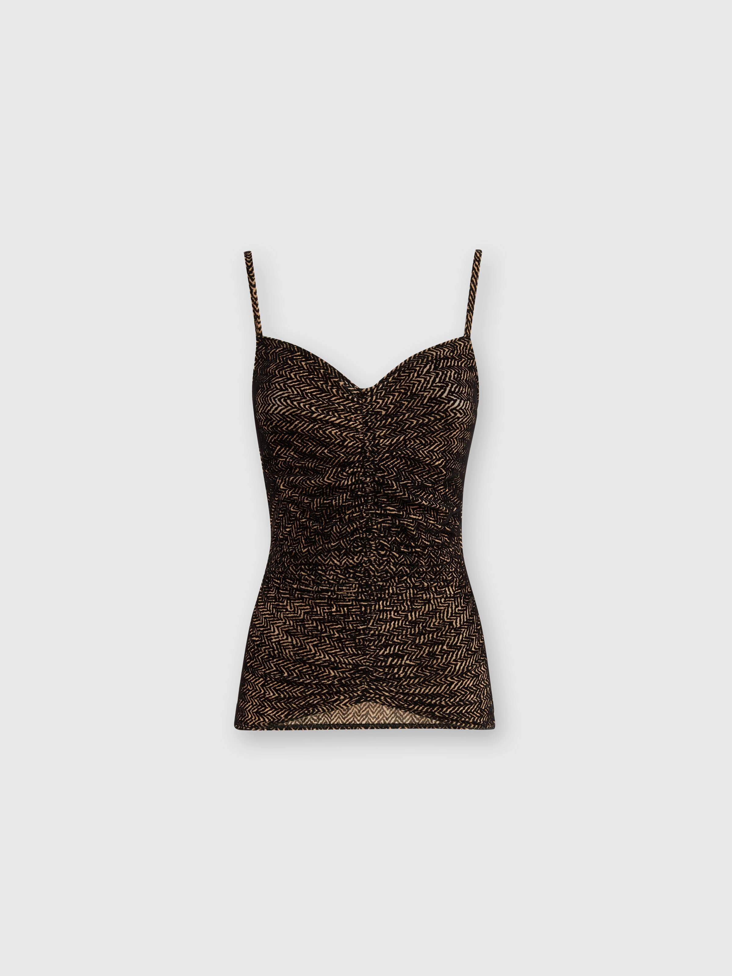 Zig zag tulle tank top with gathering, Brown - 0