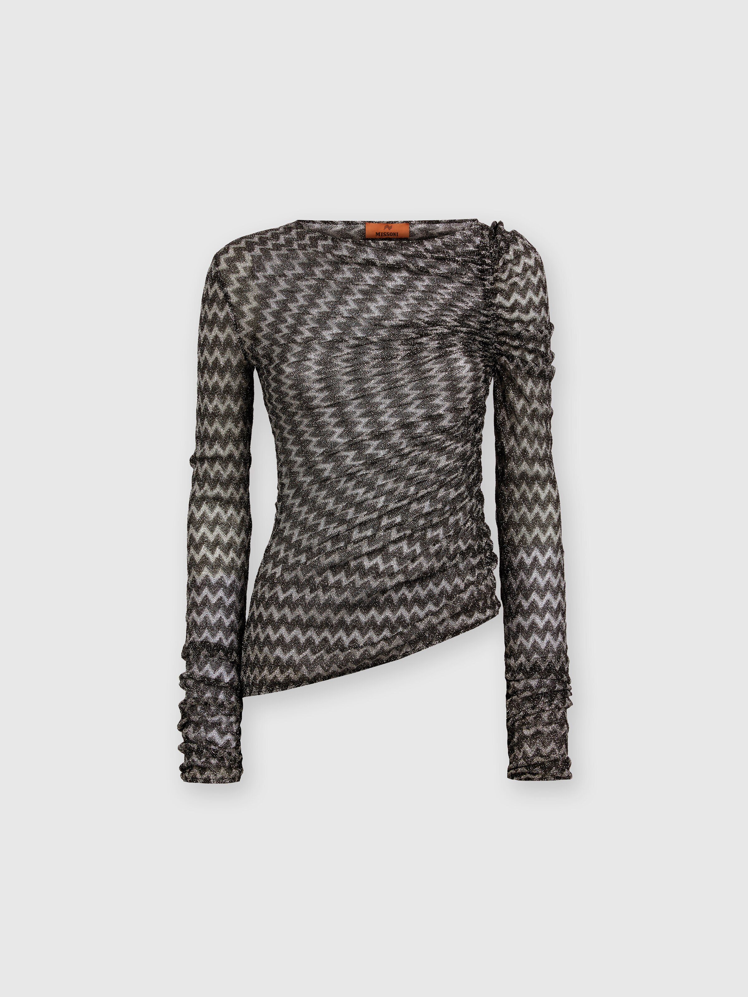 Zig zag lamé viscose blend gather top, Black & Multicoloured  - 0