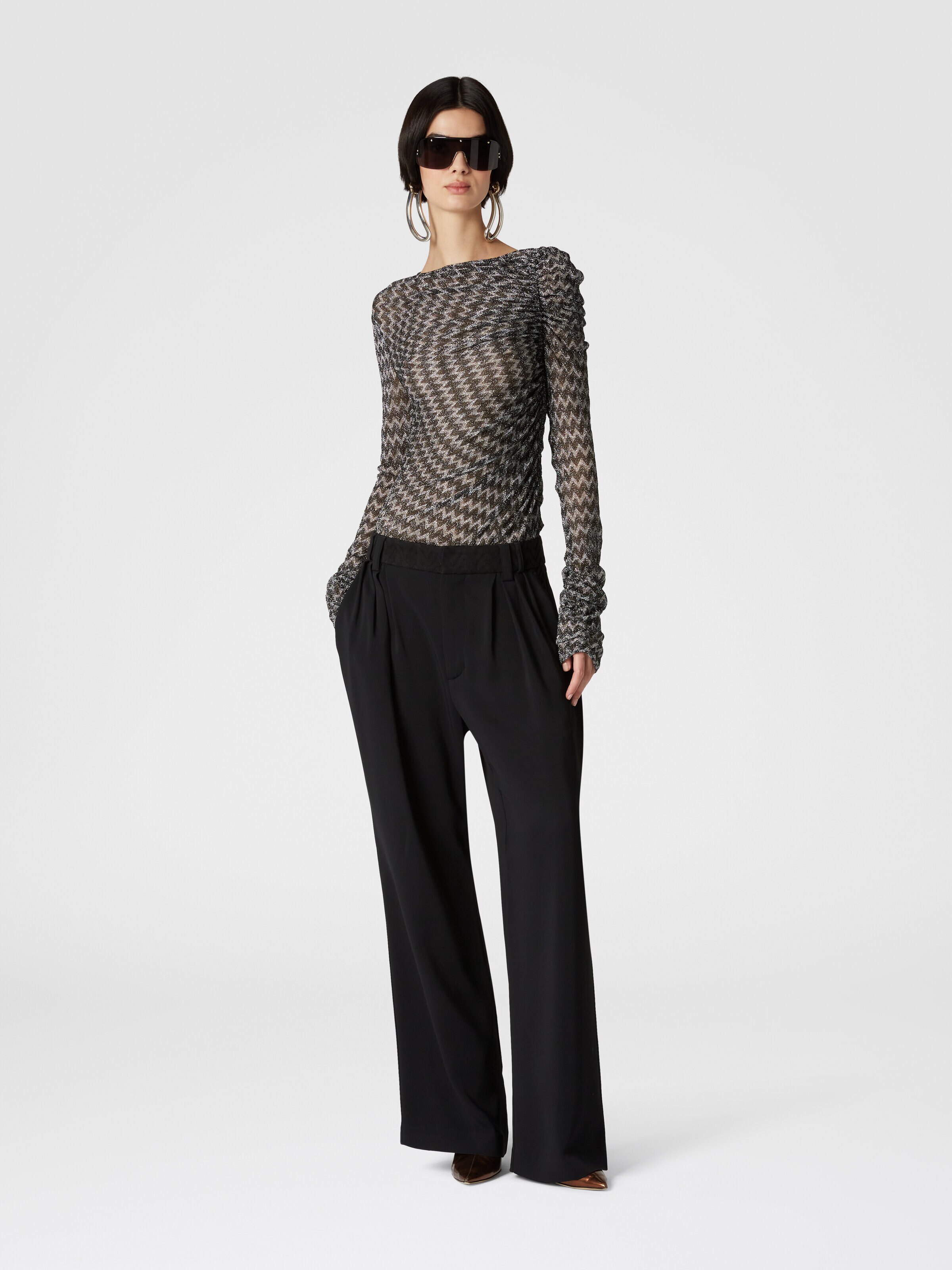 Zig zag lamé viscose blend gather top, Black & Multicoloured  - 1