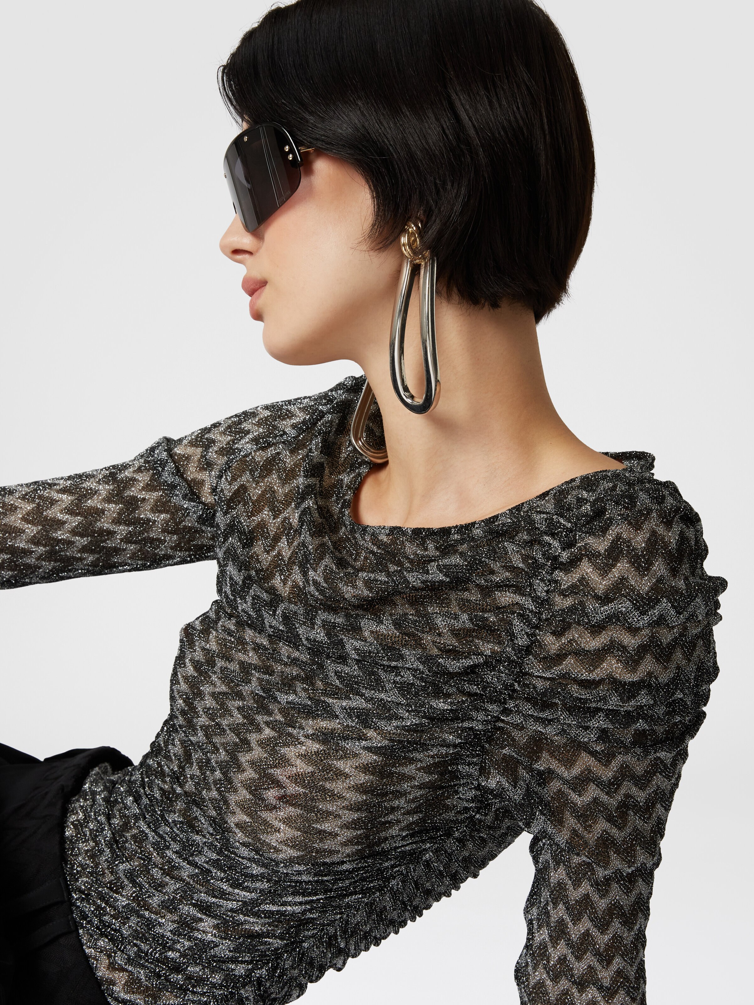 Zig zag lamé viscose blend gather top, Black & Multicoloured  - 3