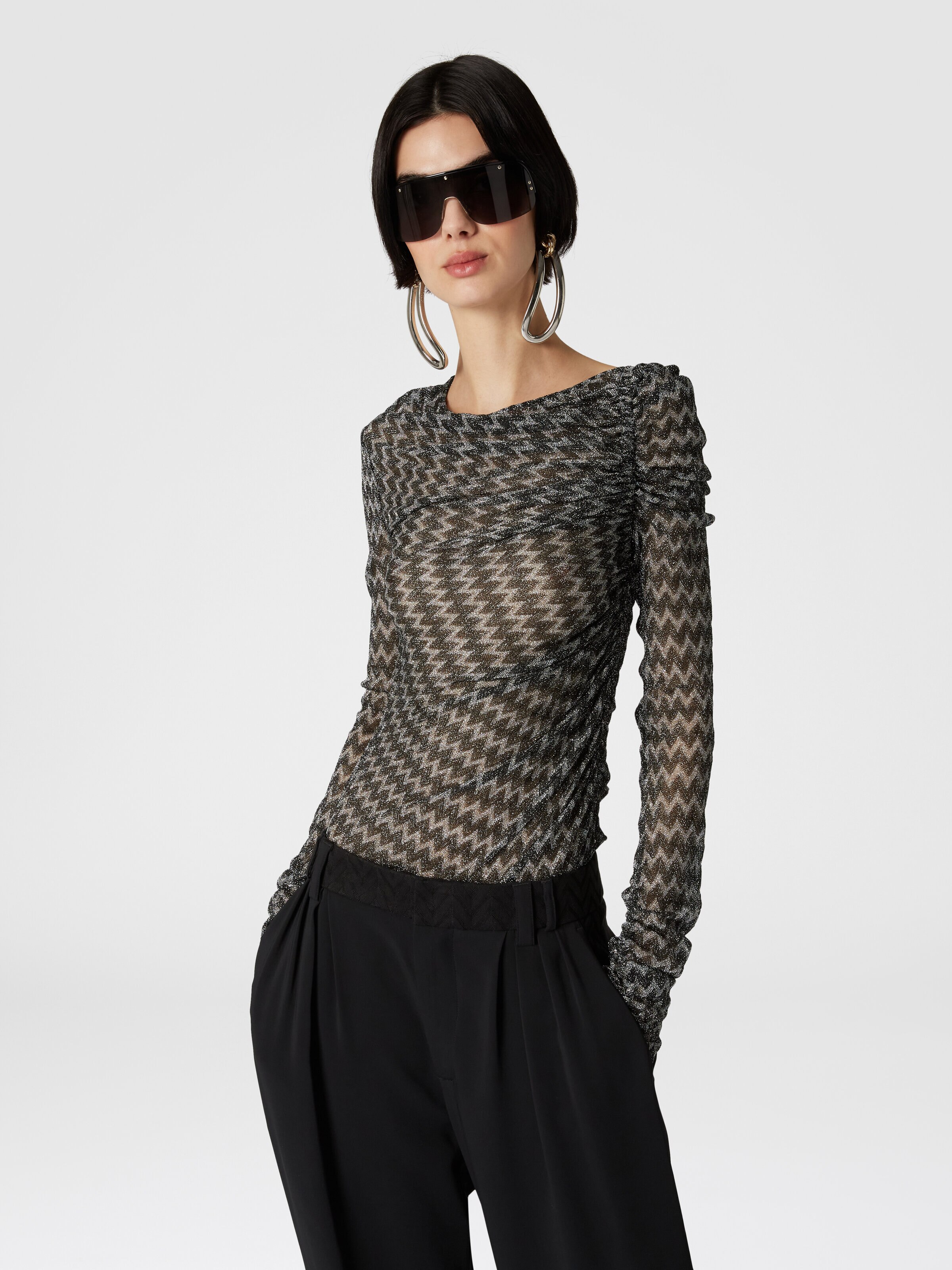 Zig zag lamé viscose blend gather top, Black & Multicoloured  - 4