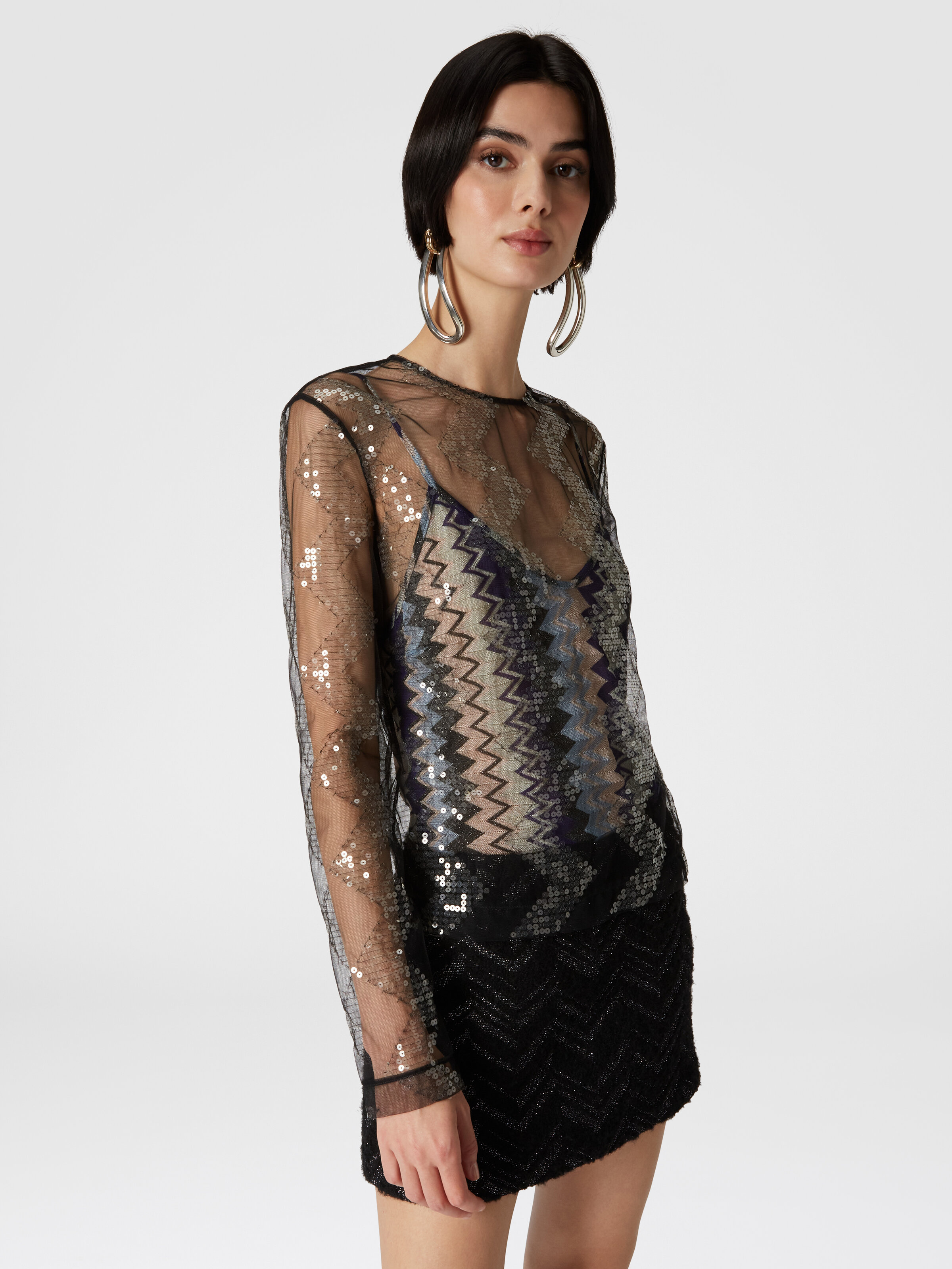 Doubled blouse in sequined tulle, Multicoloured  - 3