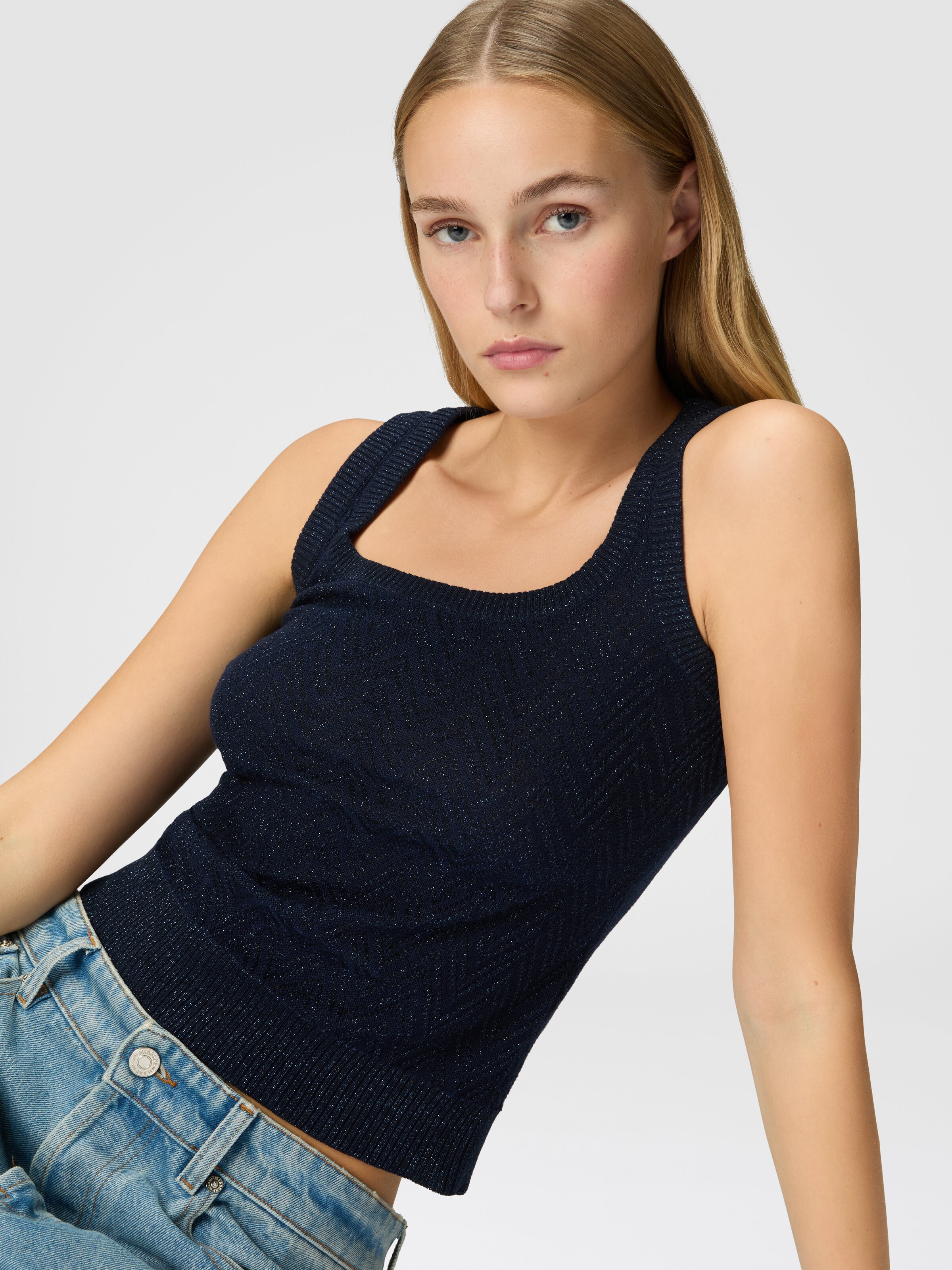 Chevron jacquard tank top, Blue - 3