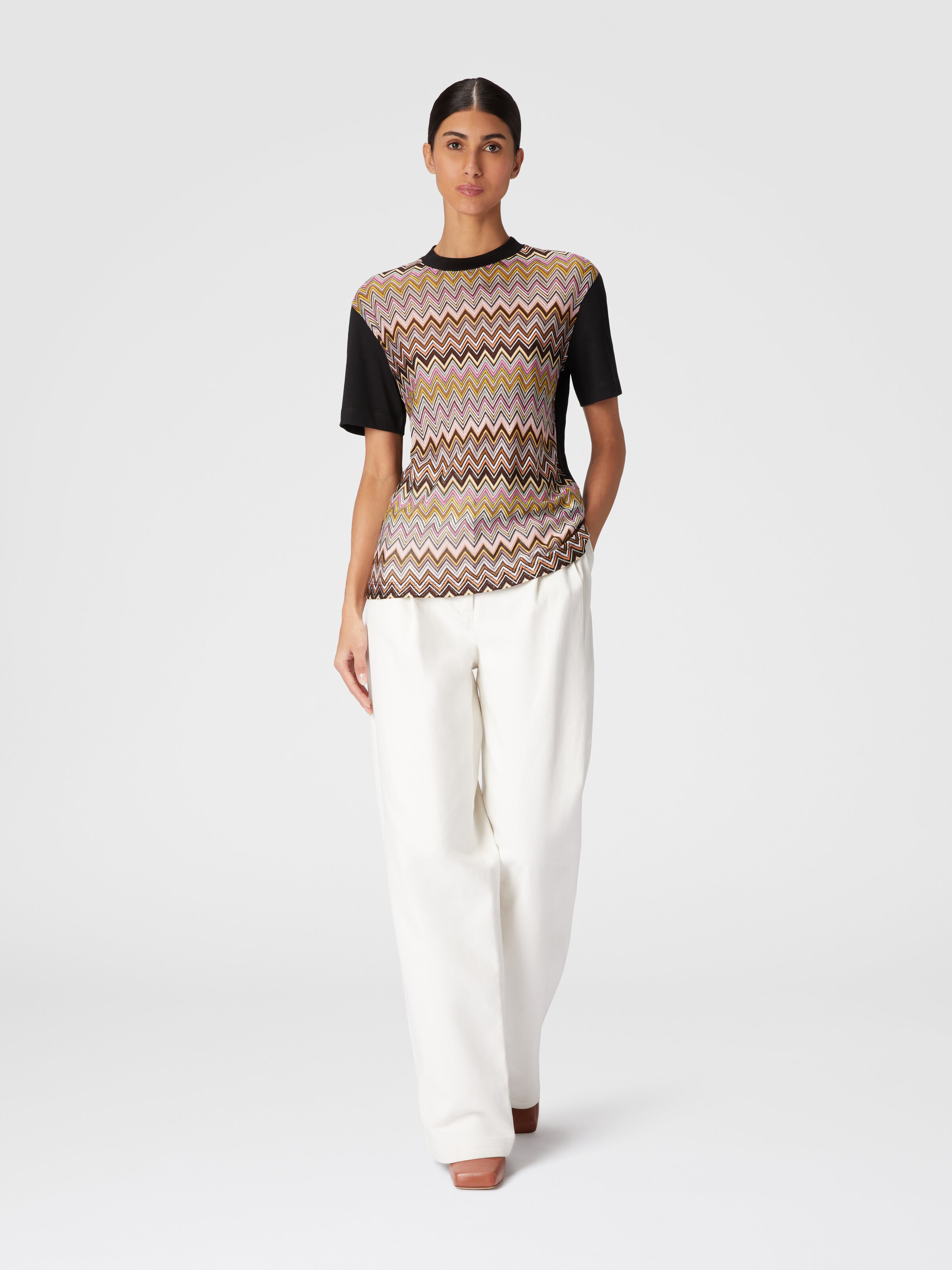 Cotton jersey T-shirt with chevron inserts, Multicoloured  - 1