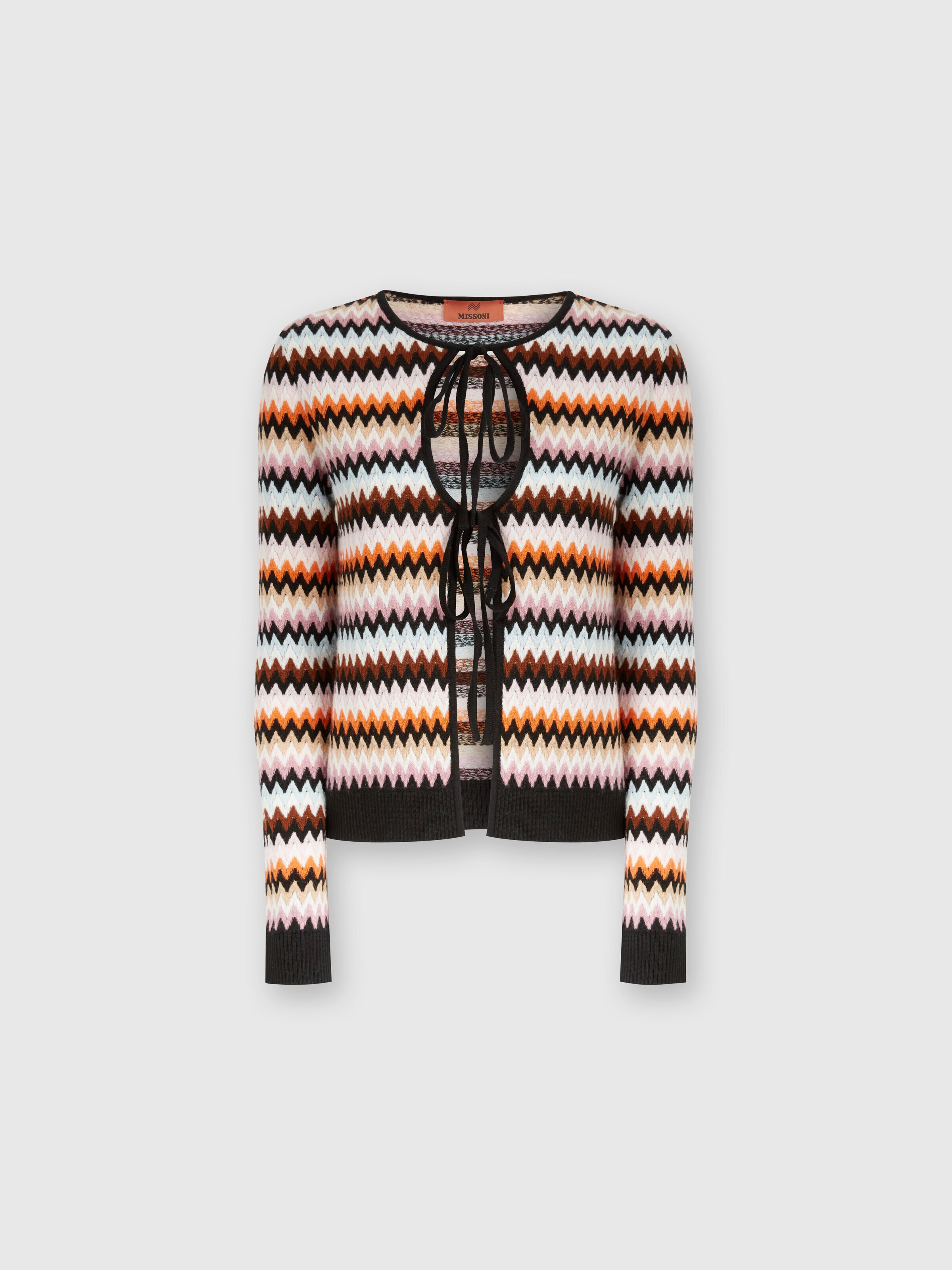Zigzag wool cardigan with contrasting piping, Multicoloured  - 0