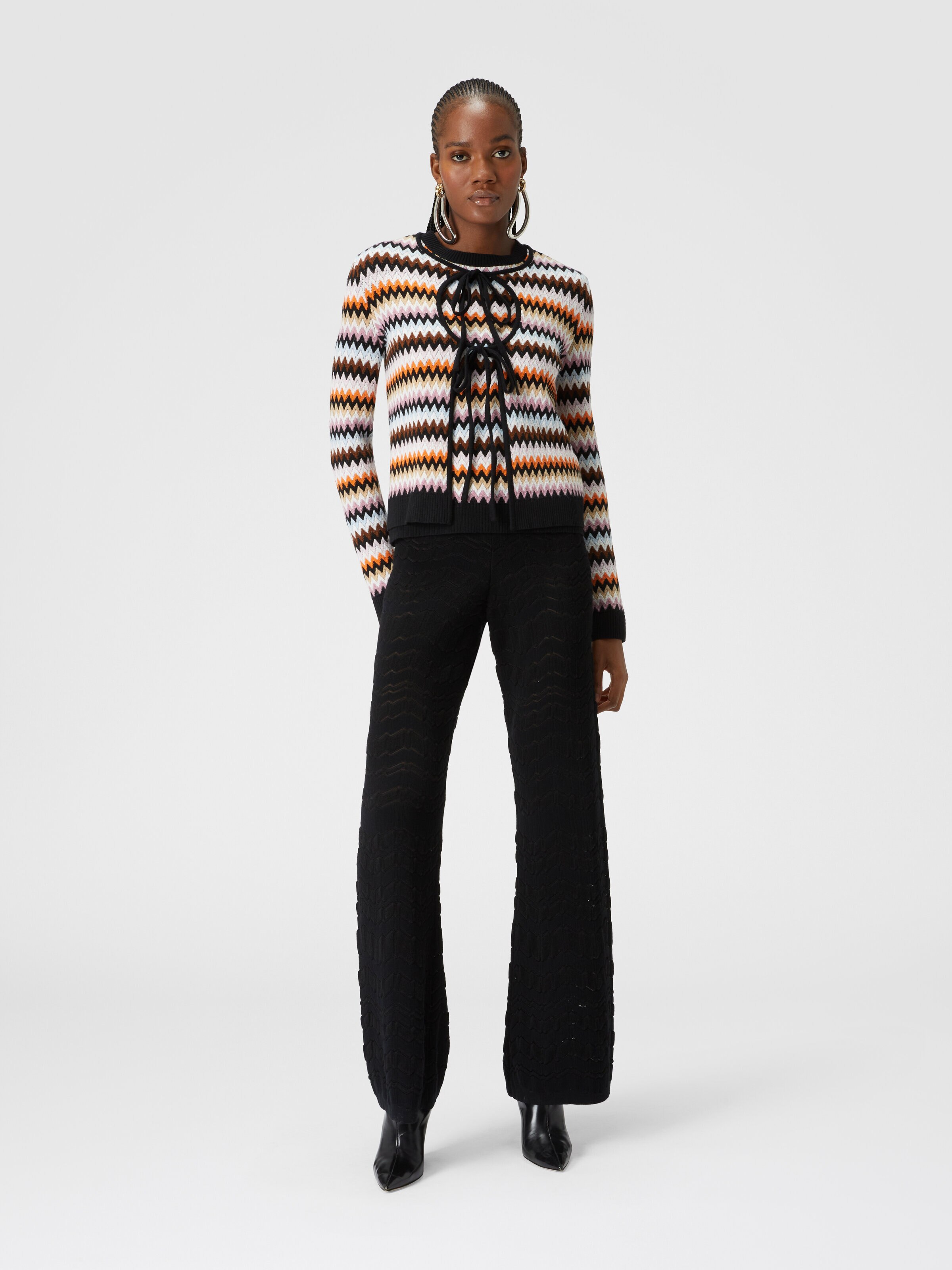 Zigzag wool cardigan with contrasting piping, Multicoloured  - 1