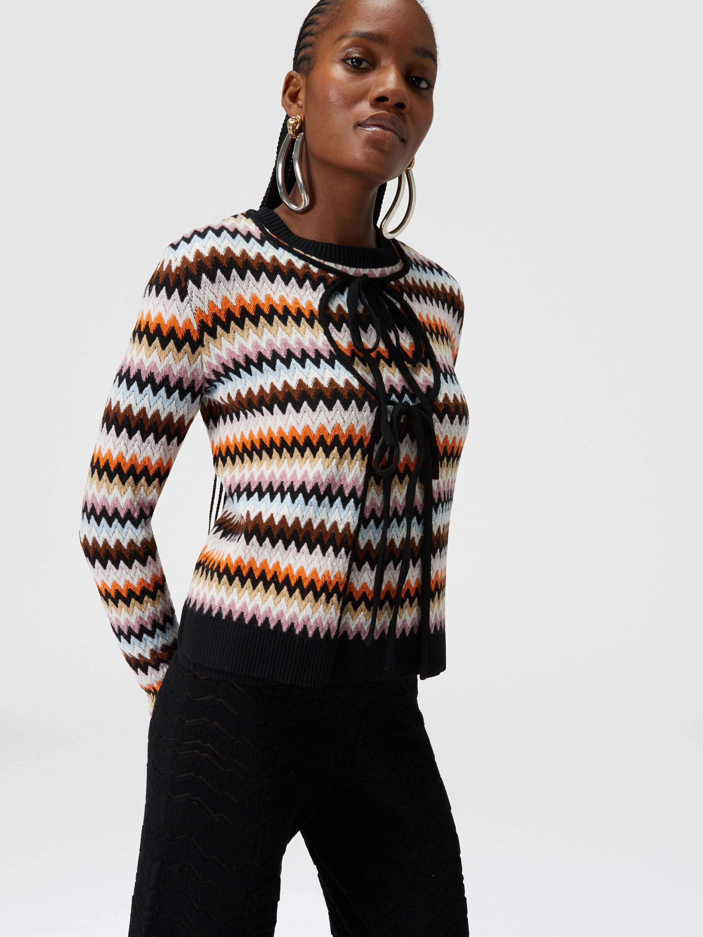 Zigzag wool cardigan with contrasting piping, Multicoloured  - 3