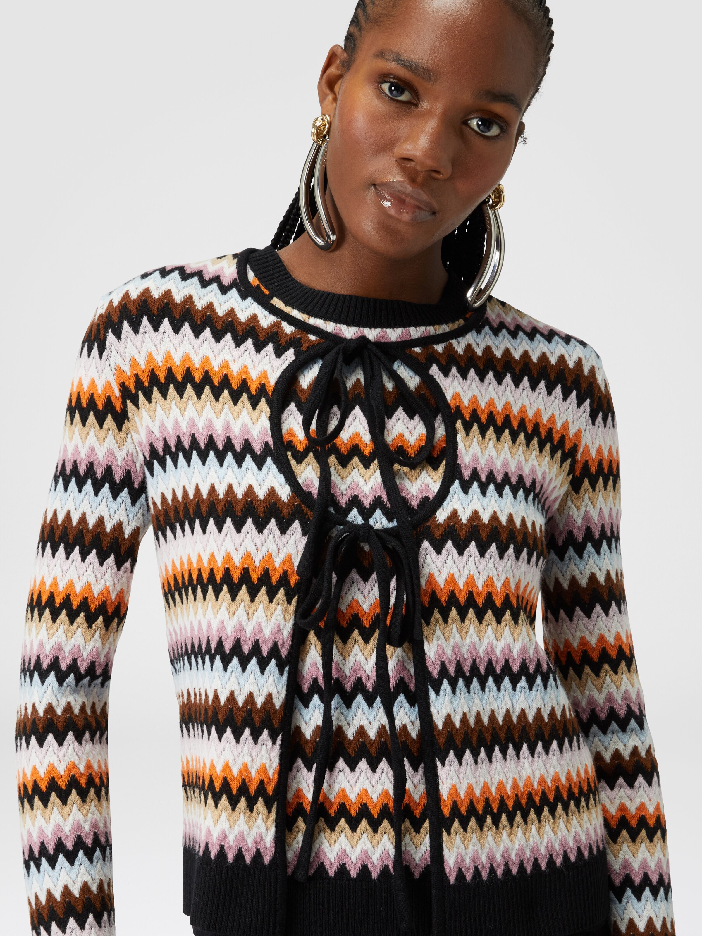 Zigzag wool cardigan with contrasting piping, Multicoloured  - 4