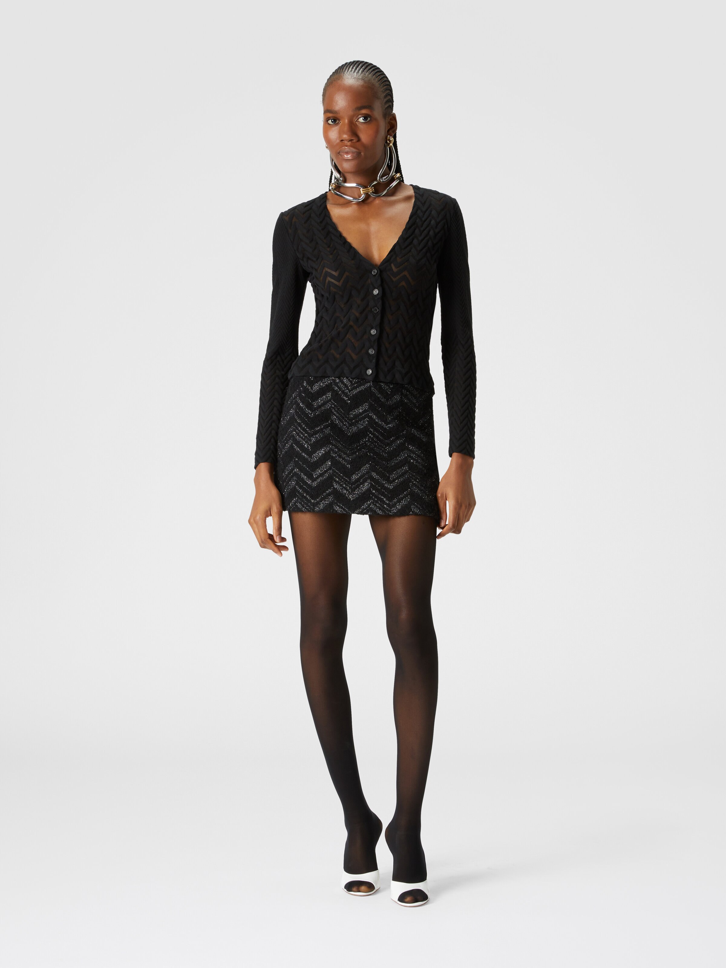 Chevron cardigan see-through effect, Black    - 1