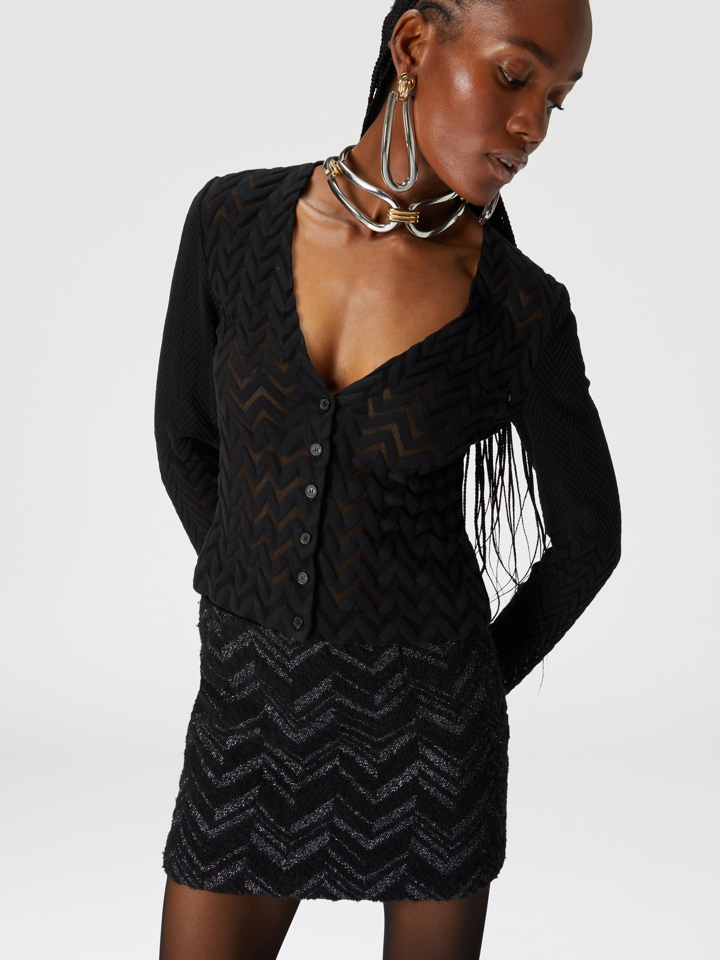 Chevron cardigan see-through effect, Black    - 3