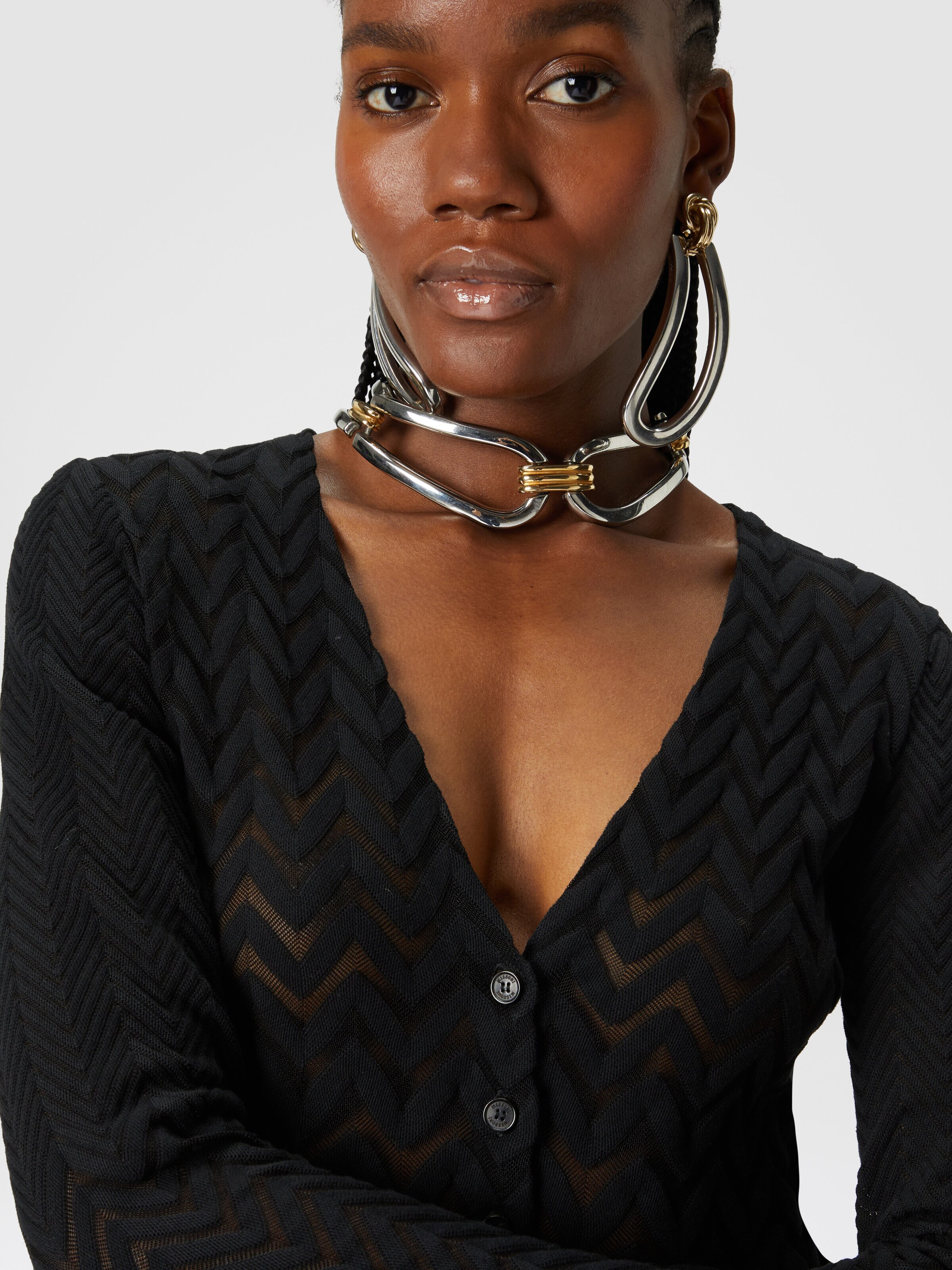 Chevron cardigan see-through effect, Black    - 4
