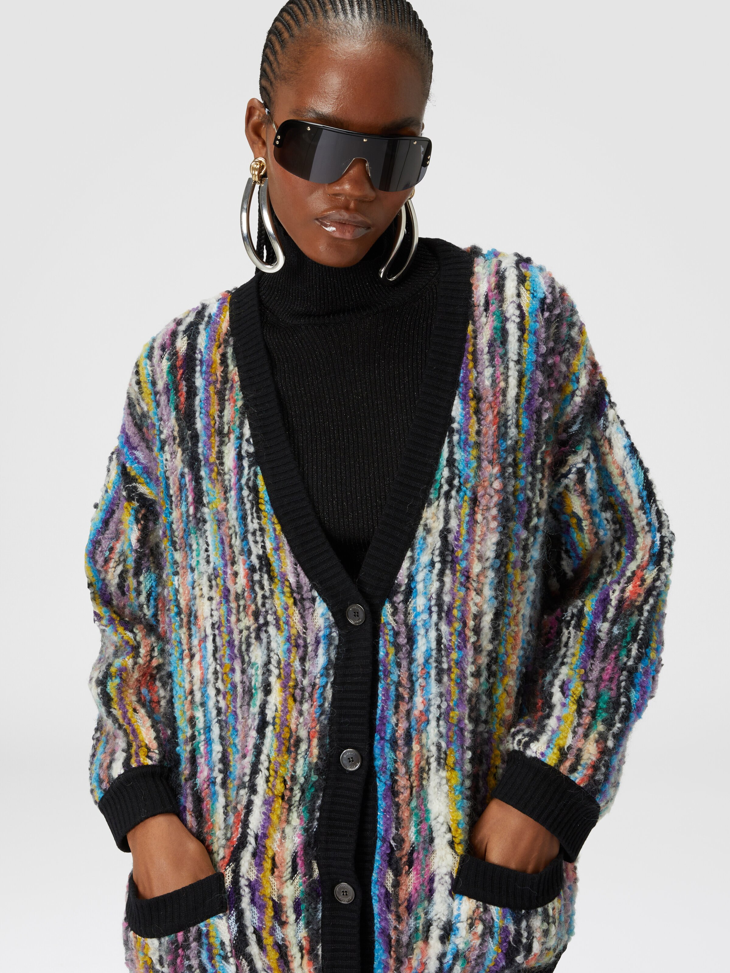 Oversized wool and mohair bouclé cardigan, Black & Multicoloured  - 3