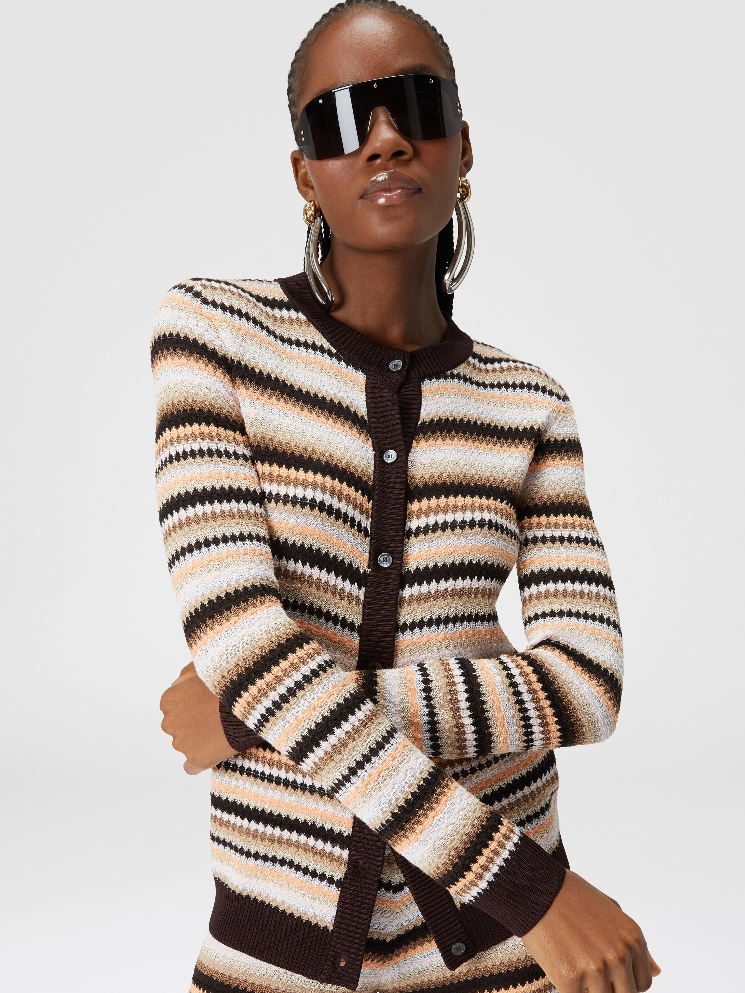 Striped cotton and viscose cardigan with contrasting piping, Multicoloured  - 3