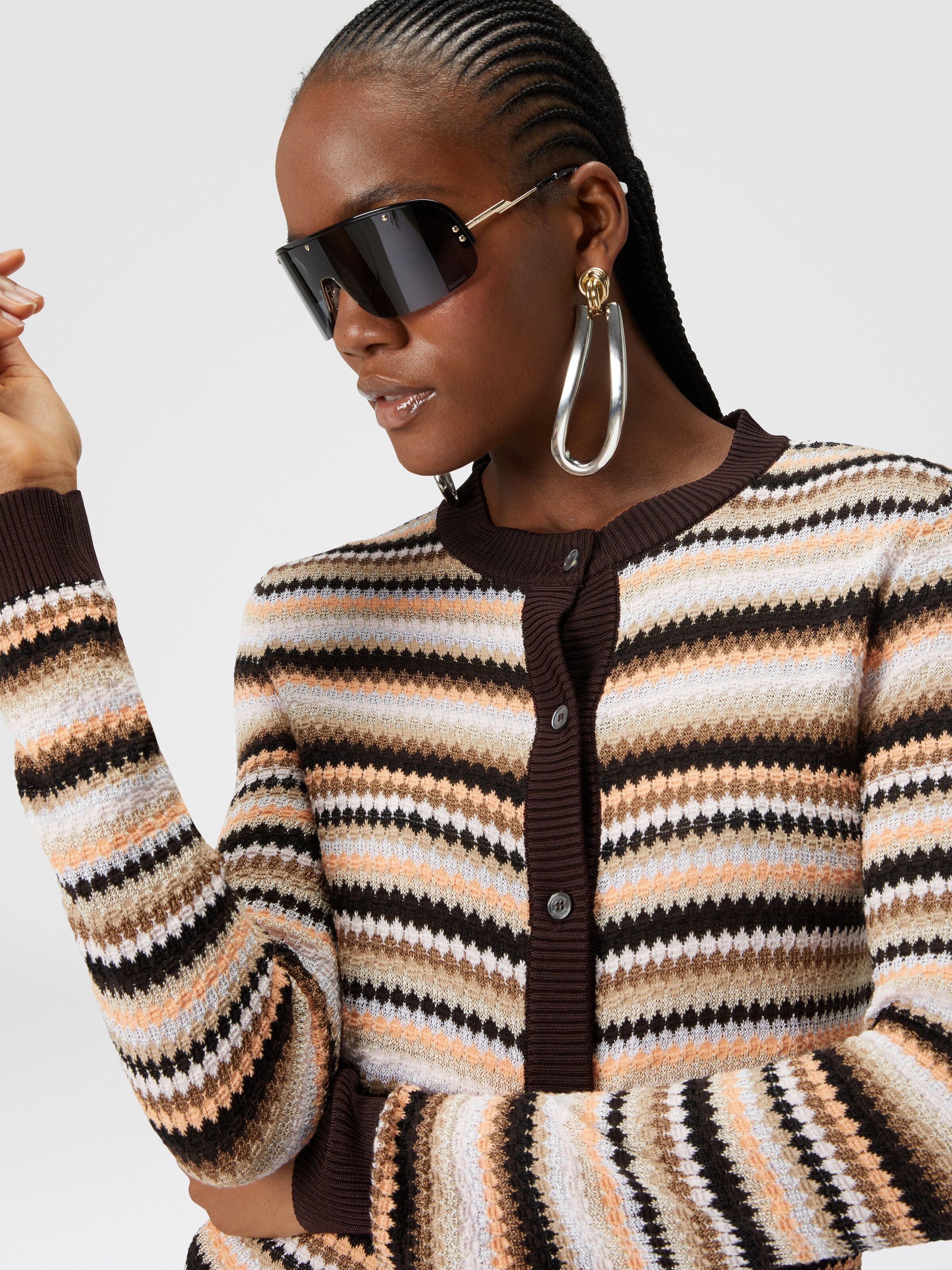 Striped cotton and viscose cardigan with contrasting piping, Multicoloured  - 4