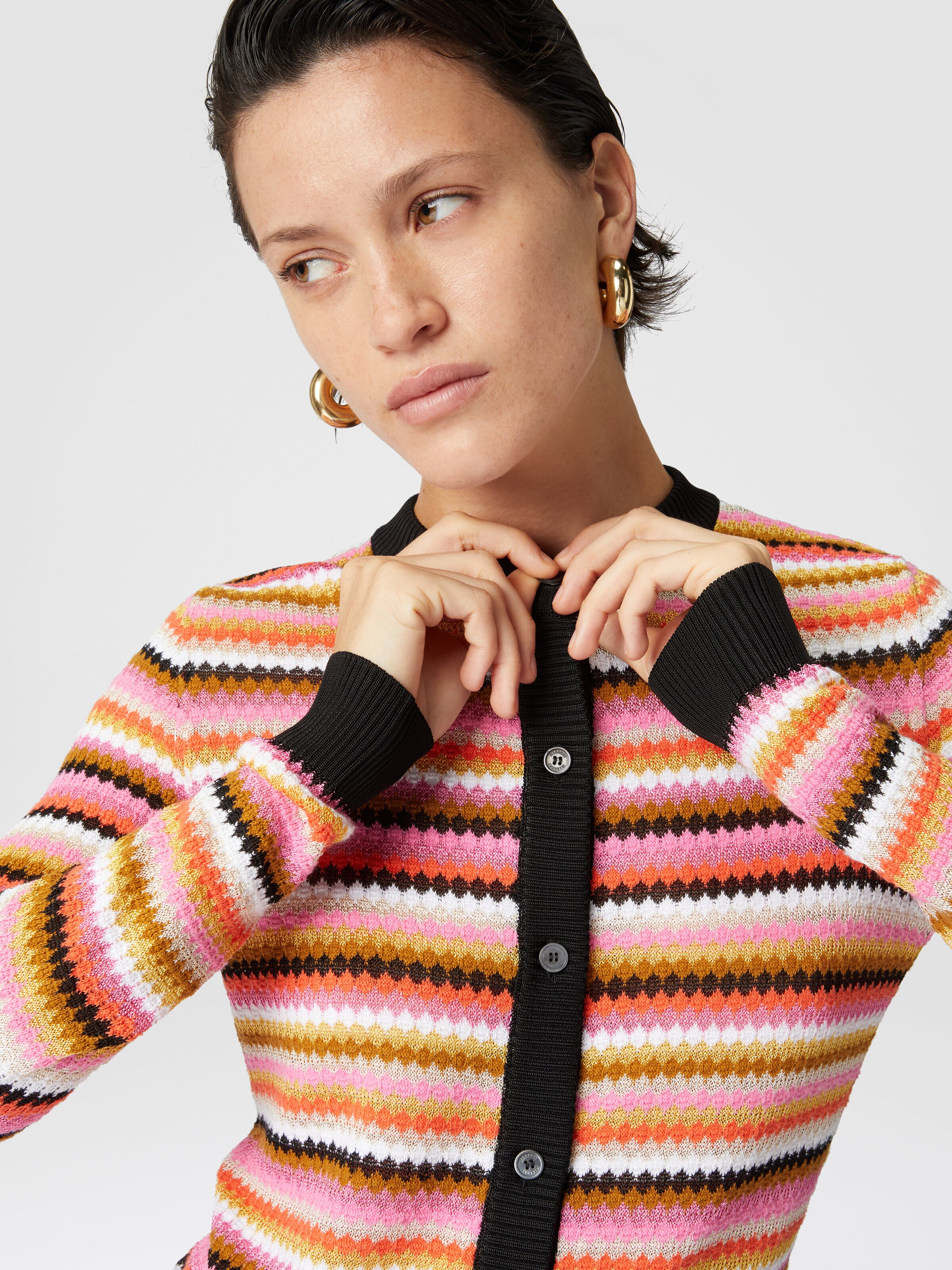 Striped cotton and viscose cardigan with contrasting piping, Multicoloured  - 3