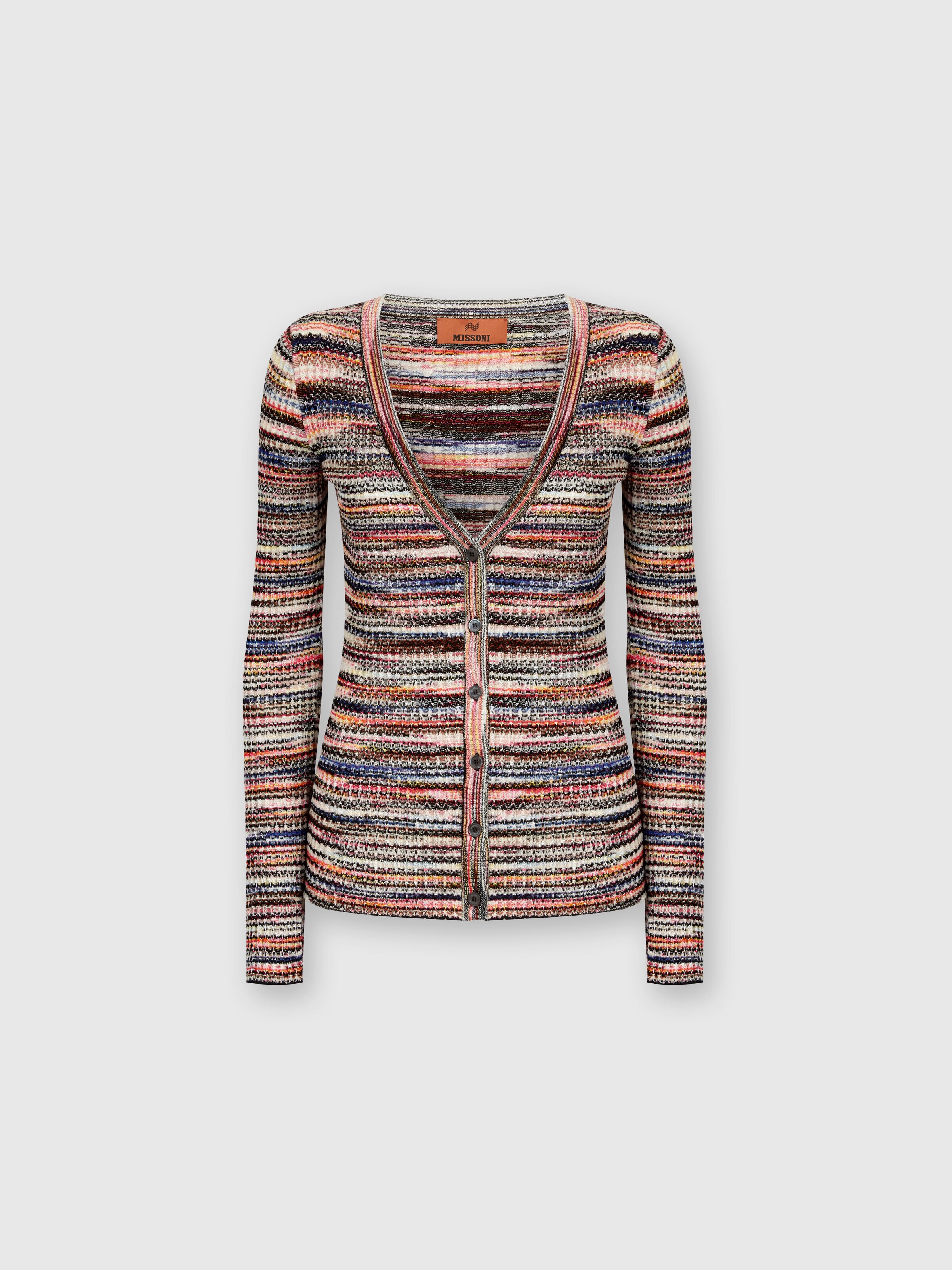 Ribbed viscose and wool slub cardigan, Multicoloured  - 0