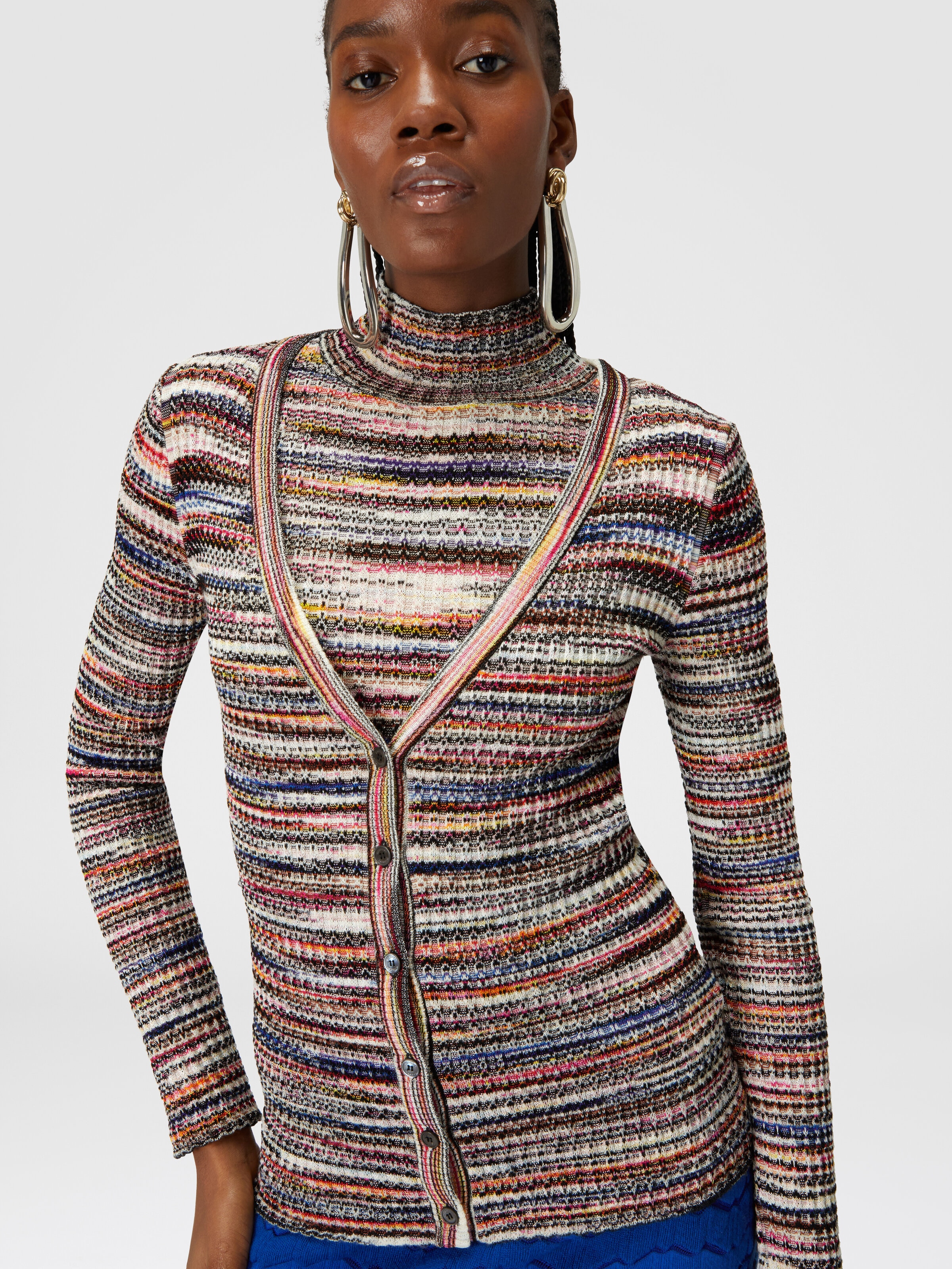 Ribbed viscose and wool slub cardigan, Multicoloured  - 3
