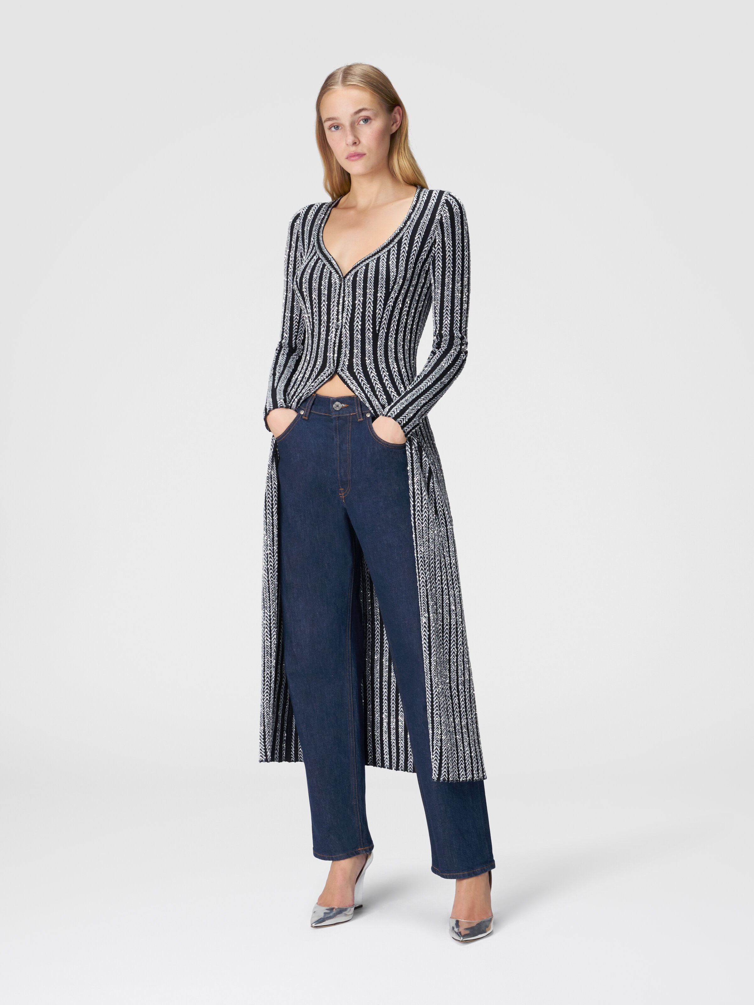 Long ribbed zig zag cardigan with sequins, Multicoloured  - 1