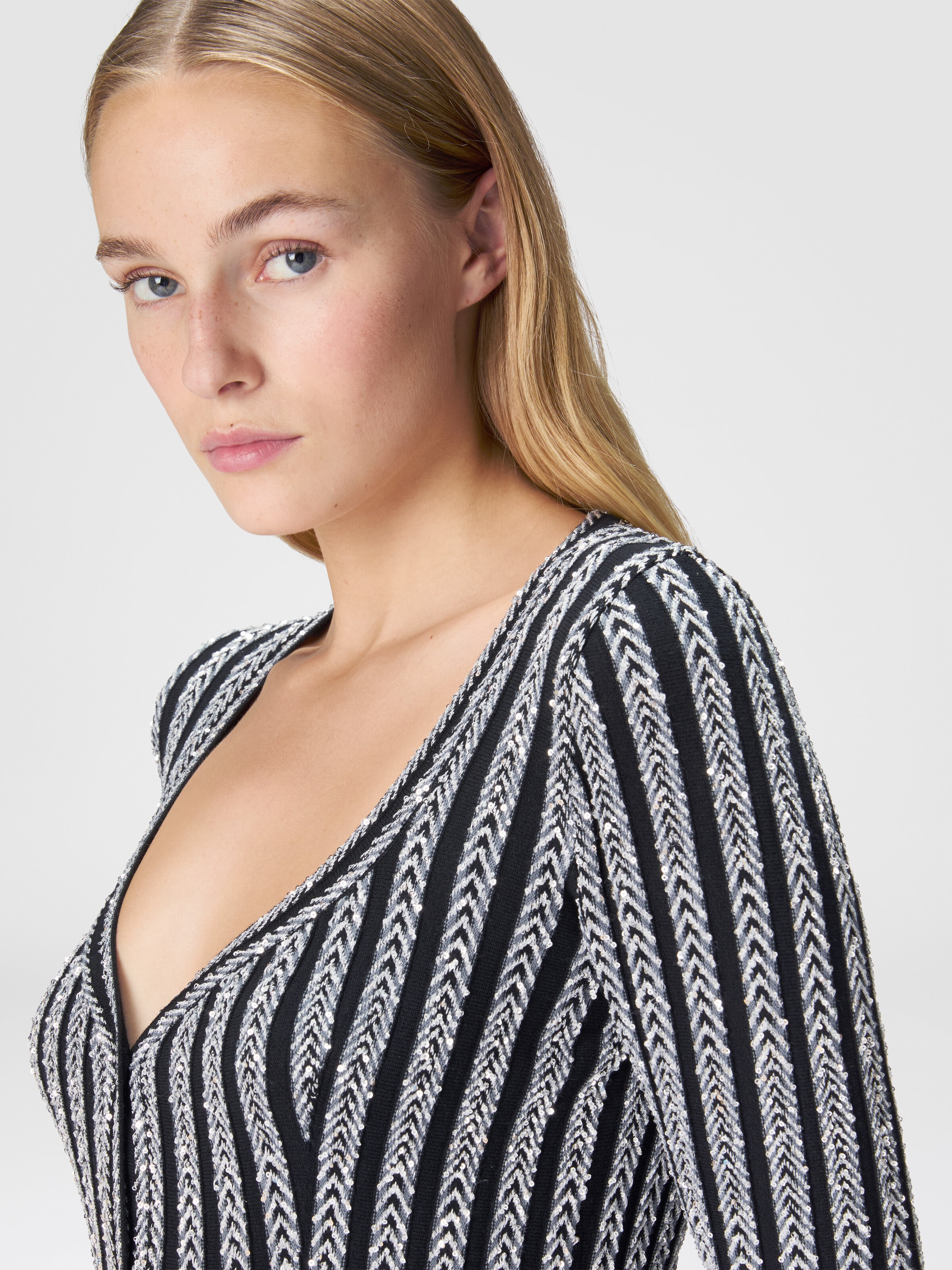 Long ribbed zig zag cardigan with sequins, Multicoloured  - 4